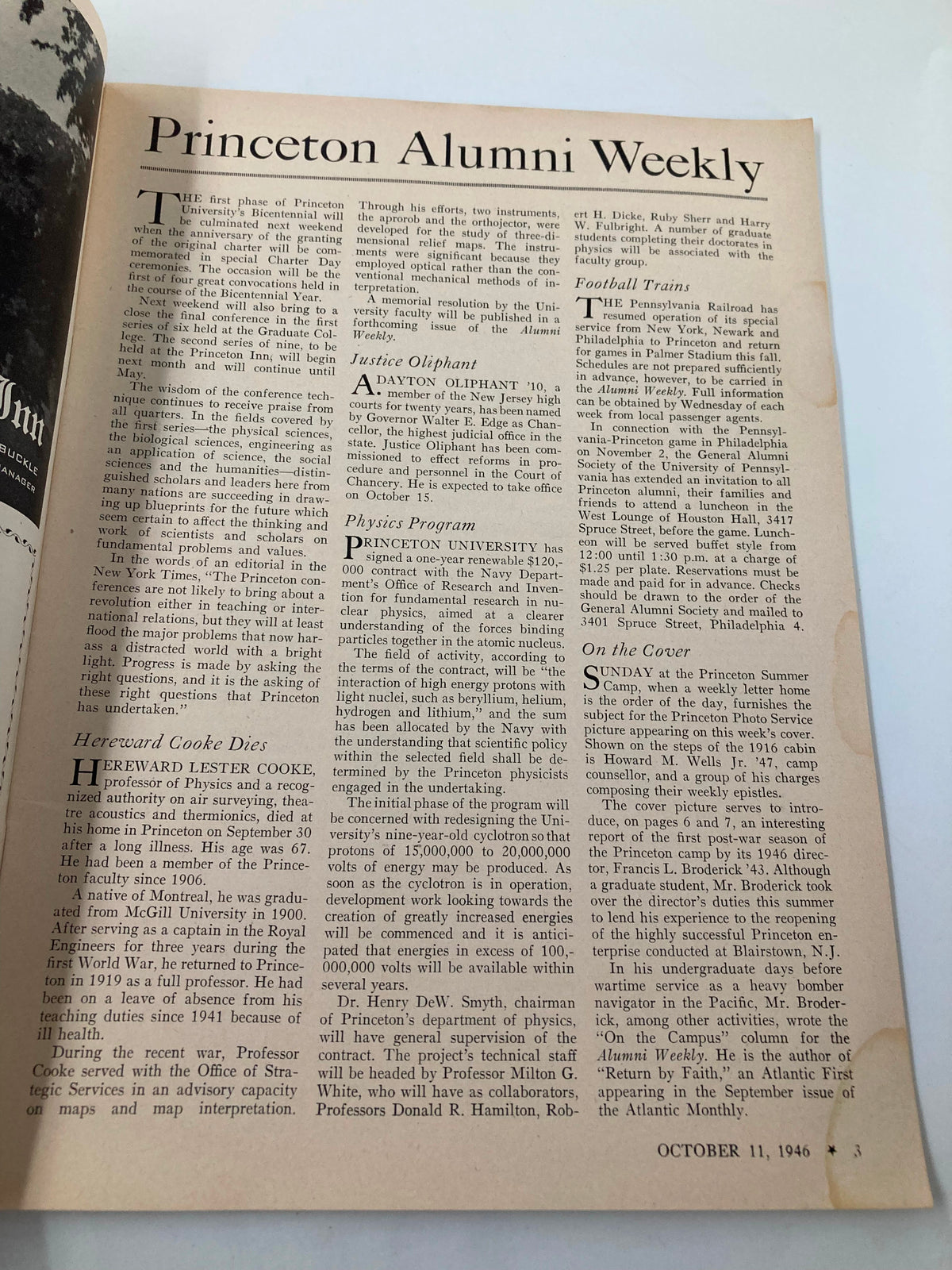 Inside page of VTG Princeton Alumni Weekly from October 11, 1946, displaying articles and announcements related to Princeton University, including the physics program and notable alumni.