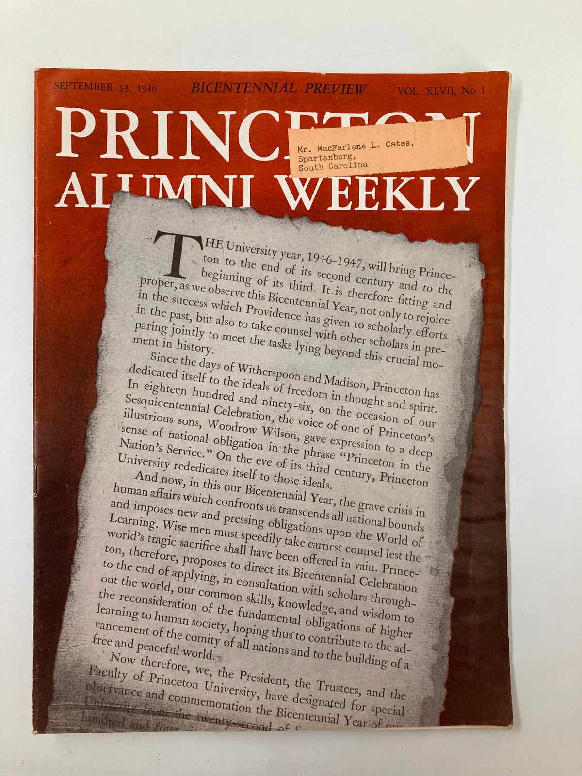 Vintage Princeton Alumni Weekly from September 13, 1946. The cover features the title prominently and a label affixed, providing a glimpse into historical collegiate life during the post-war era.