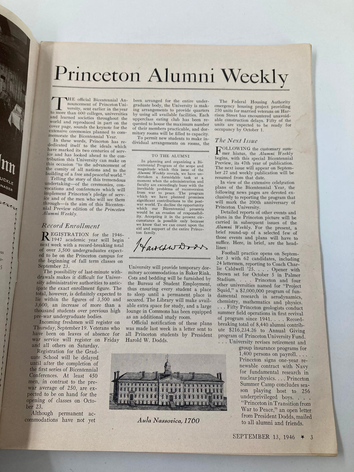 Inside page of the Vintage Princeton Alumni Weekly, September 13, 1946. The layout includes announcements about registration for the Graduate School, highlighting key educational discussions and insights of the time.