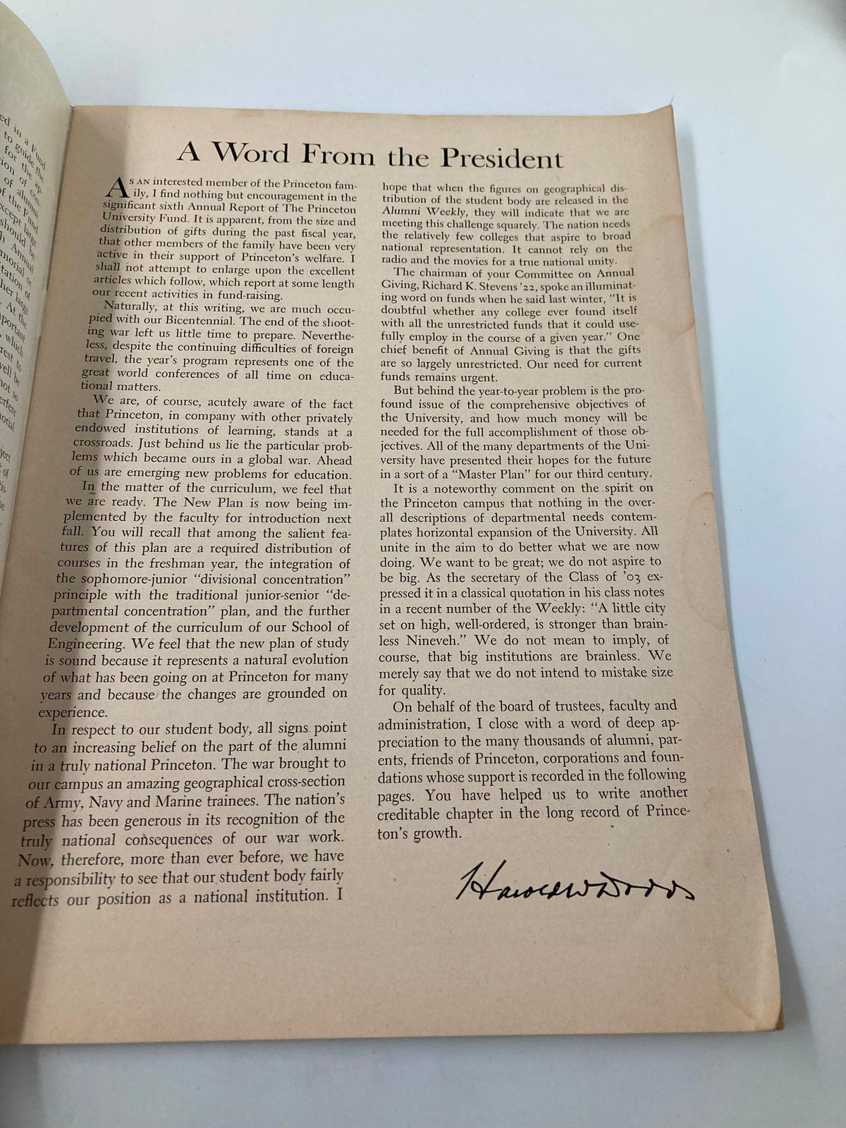 Inside page titled 'A Word From the President' from the Official Register of Princeton University, October 1, 1946 - Sixth Annual Report, discussing the university's progress and challenges post-World War II.