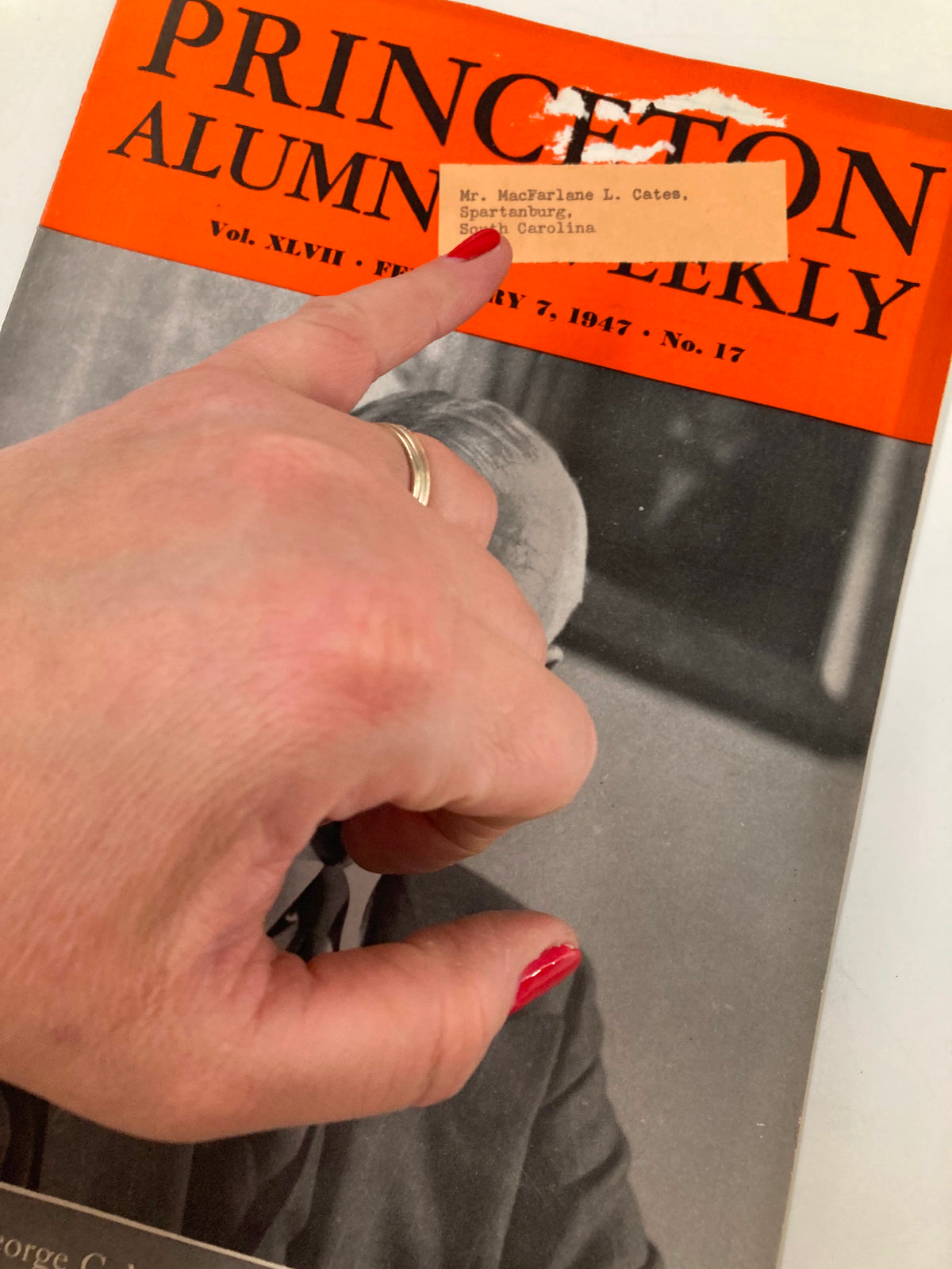 Image of VTG Princeton Alumni Weekly February 7 1947 featuring a handwritten label indicating Mr. MacFarlane L. Cates of Spartanburg, South Carolina, pointing to the magazine cover.