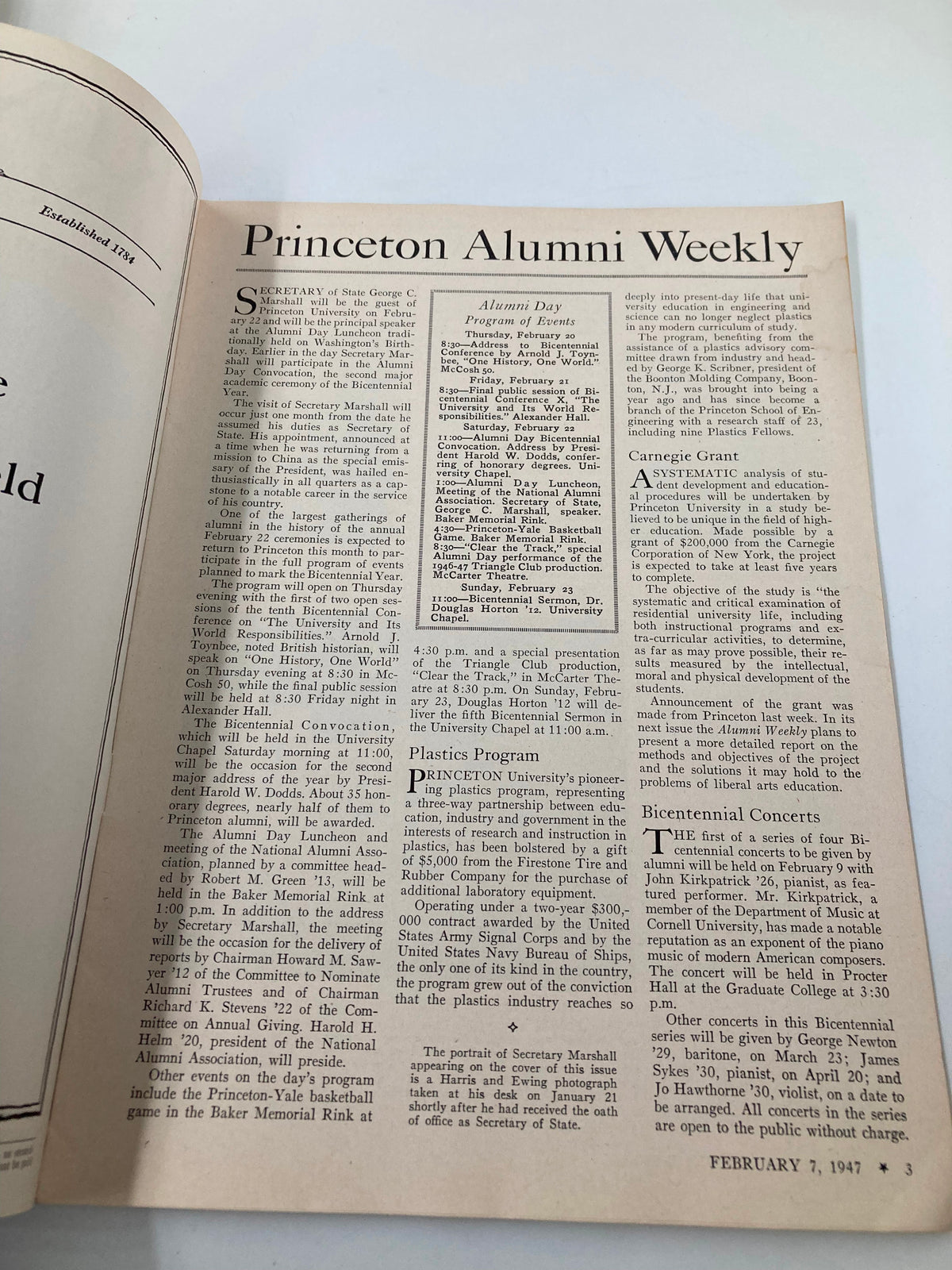 Interior page of VTG Princeton Alumni Weekly February 7 1947 showcasing articles about events, Secretary of State George C. Marshall, and alumni activities.
