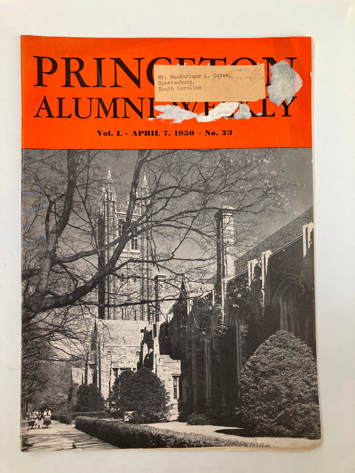 Cover of VTG Princeton Alumni Weekly April 7, 1950, showcasing a black and white image of the Princeton University campus with a vintage orange title. A label with the name 'Mr. MacFarlane L. Cates, Spartanburg, South Carolina' is visible on the front.