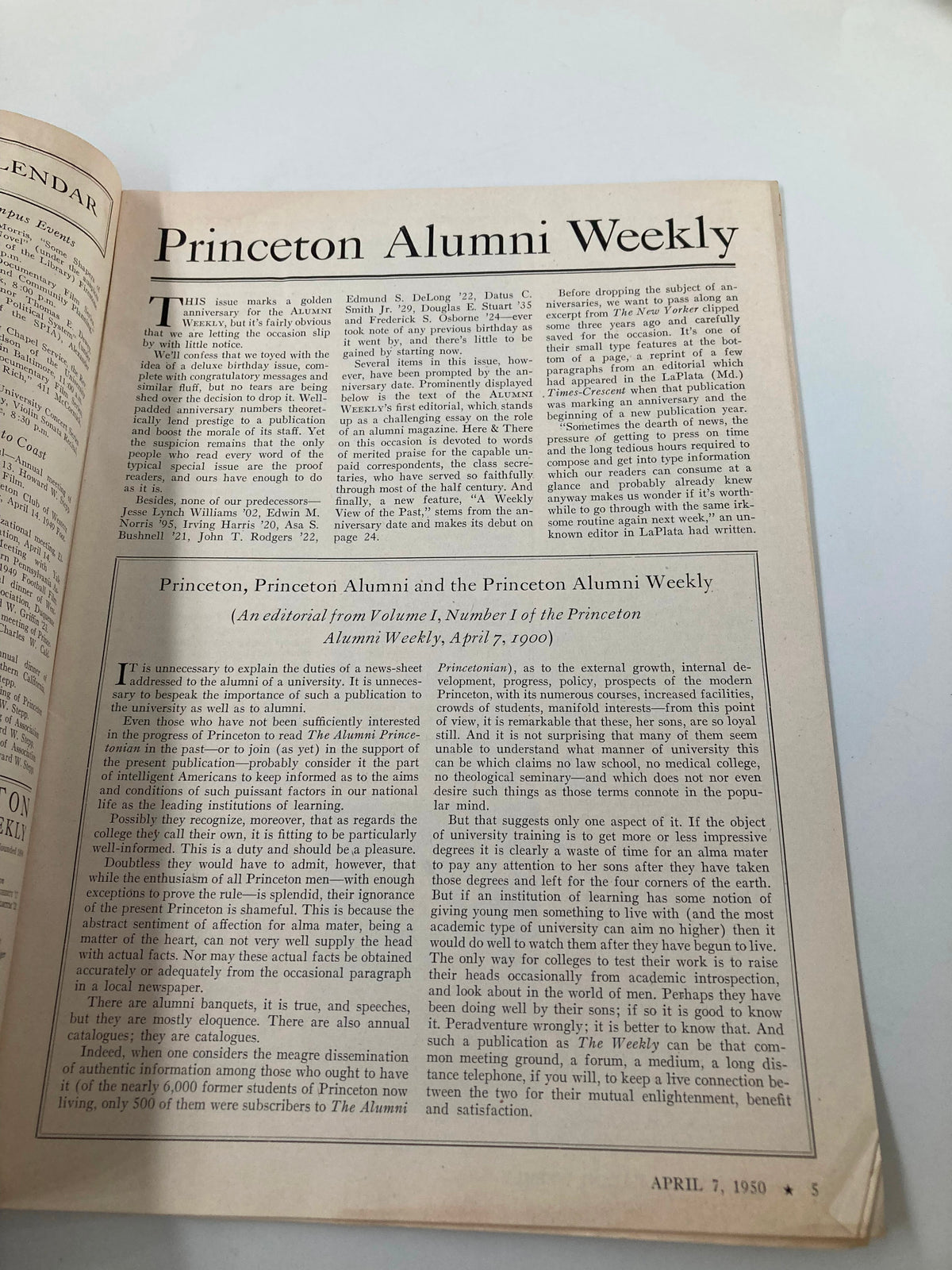 Interior page of VTG Princeton Alumni Weekly April 7, 1950, featuring an article discussing the importance of alumni publications, with text showcasing alumni engagement and community.