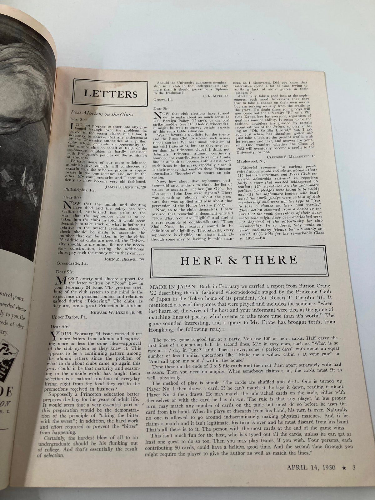 Inside page of the April 14, 1950 issue of 'Princeton Alumni Weekly', showcasing letters to the editor discussing club membership at Princeton University.