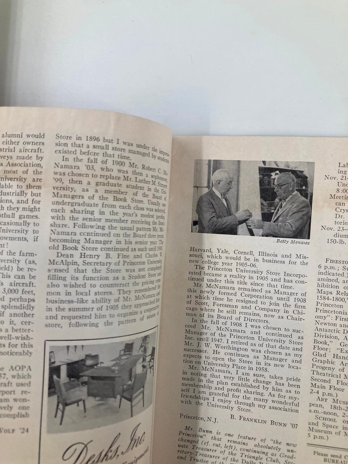 Interior page of VTG Princeton Alumni Weekly November 15, 1957, displaying an article about the Princeton University Store, complete with text and a historical photo.