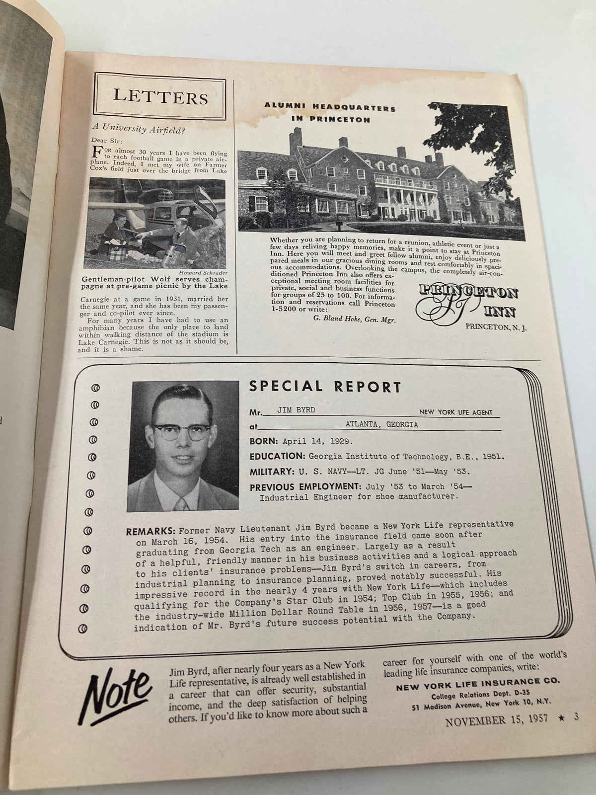Interior page from the VTG Princeton Alumni Weekly published on November 15, 1957, featuring letters section, an image of a helicopter, and an advertisement for Princeton Inn. Highlights include details about Jim Byrd, an alumnus, showcasing educational background and career achievements.