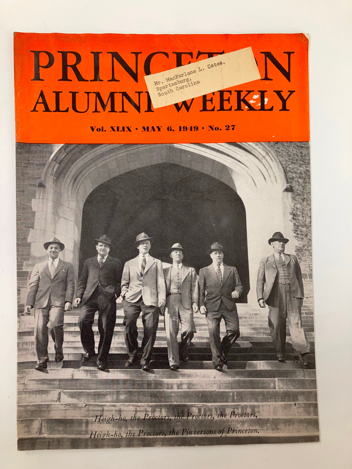 Cover of VTG Princeton Alumni Weekly dated May 6, 1949, featuring six men in suits walking down steps, highlighting the article 'There Are Six Men in Princeton Town'.