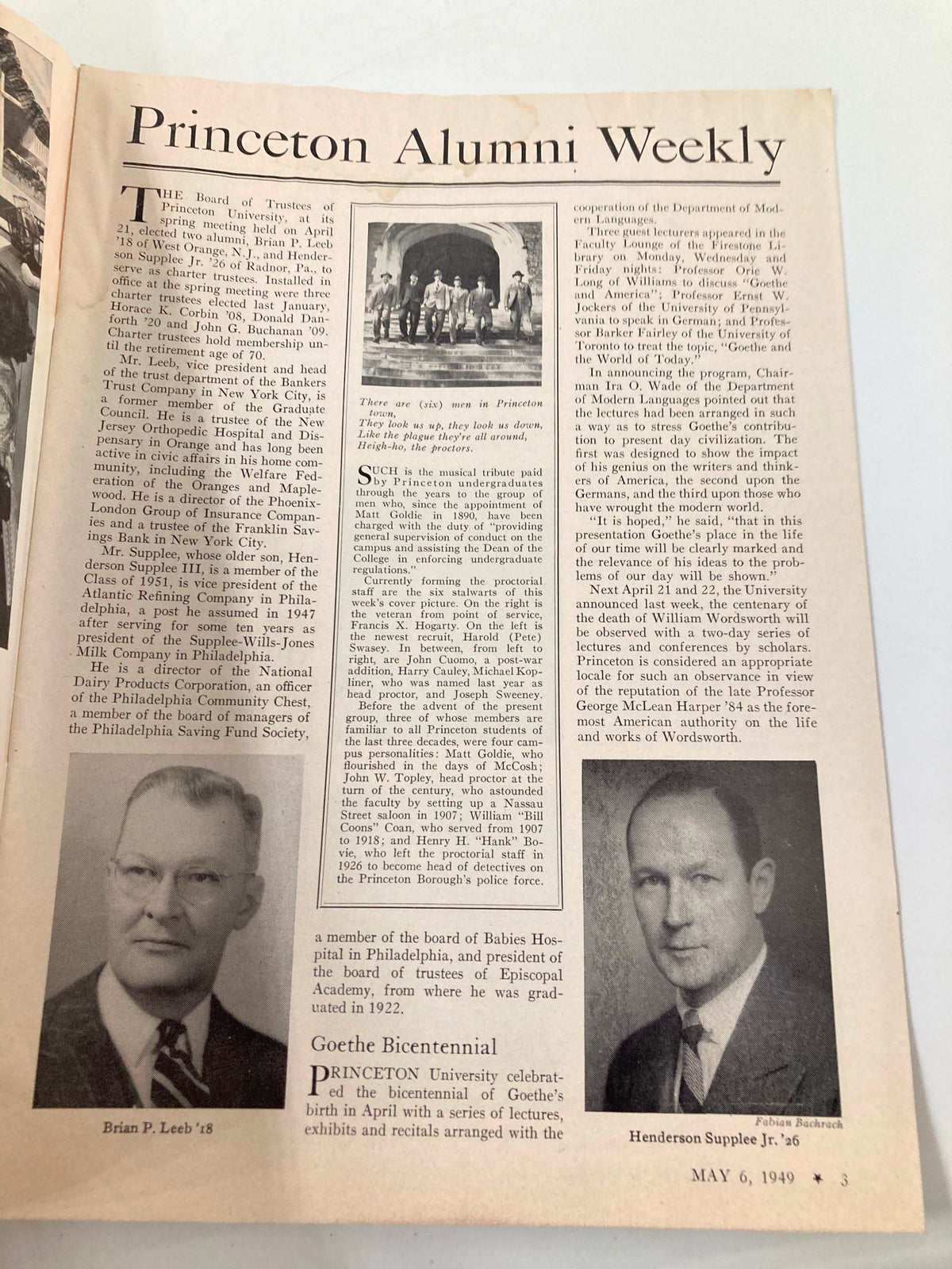 Historic content of the VTG Princeton Alumni Weekly dated May 6, 1949, highlighting notable mentions, articles, and members of the Princeton community.