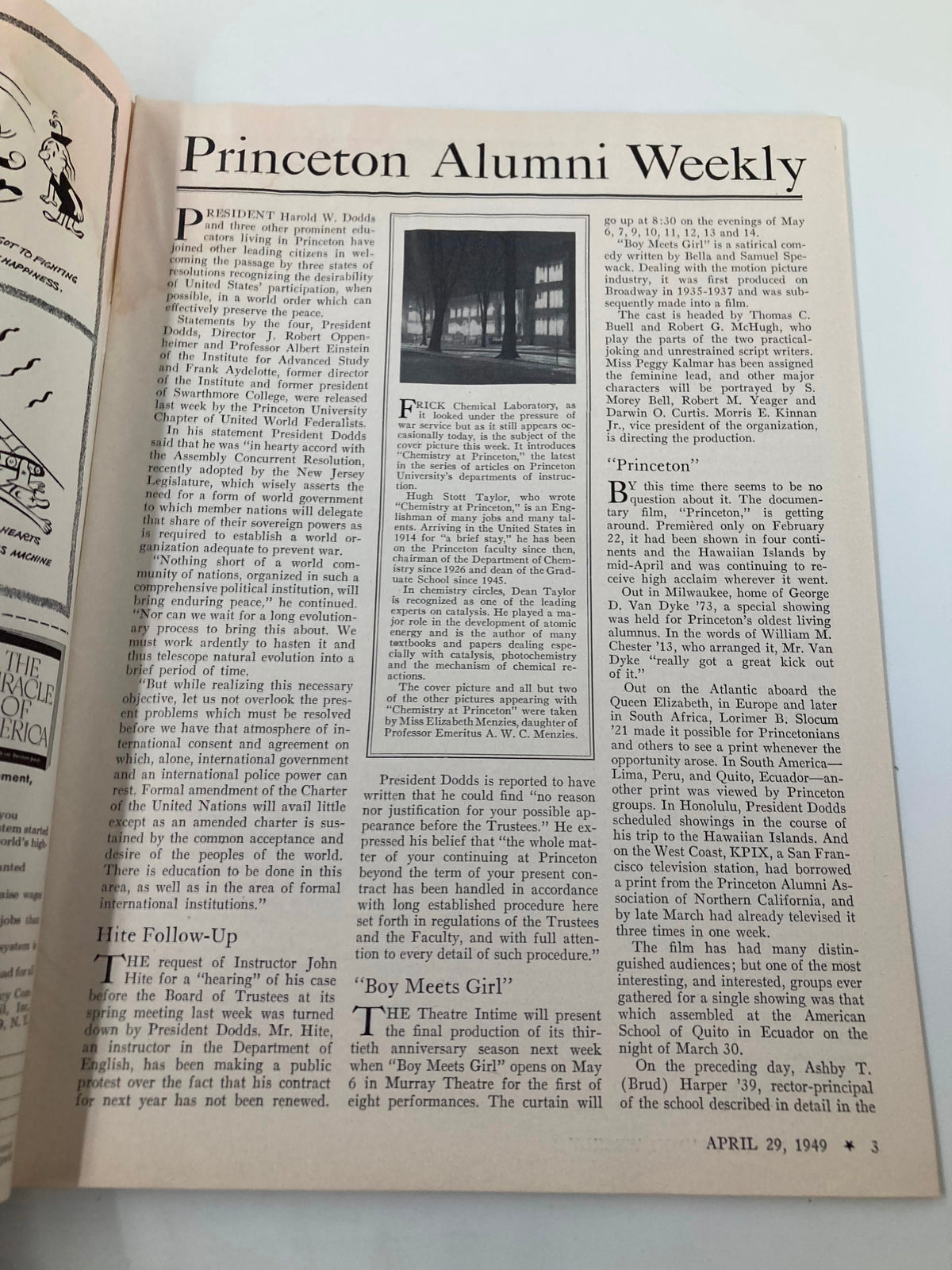 Interior page of the VTG Princeton Alumni Weekly dated April 29, 1949, showing an article and various features inside the magazine, related to the university's academic discussions and social perspectives post-World War II.