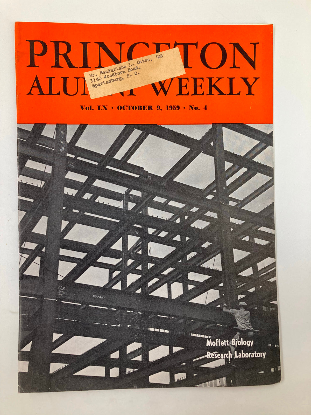 Cover of VTG Princeton Alumni Weekly from October 9, 1959, featuring a construction scene related to the Moffett Biology Research Laboratory, with a label showing the recipient's name and address.