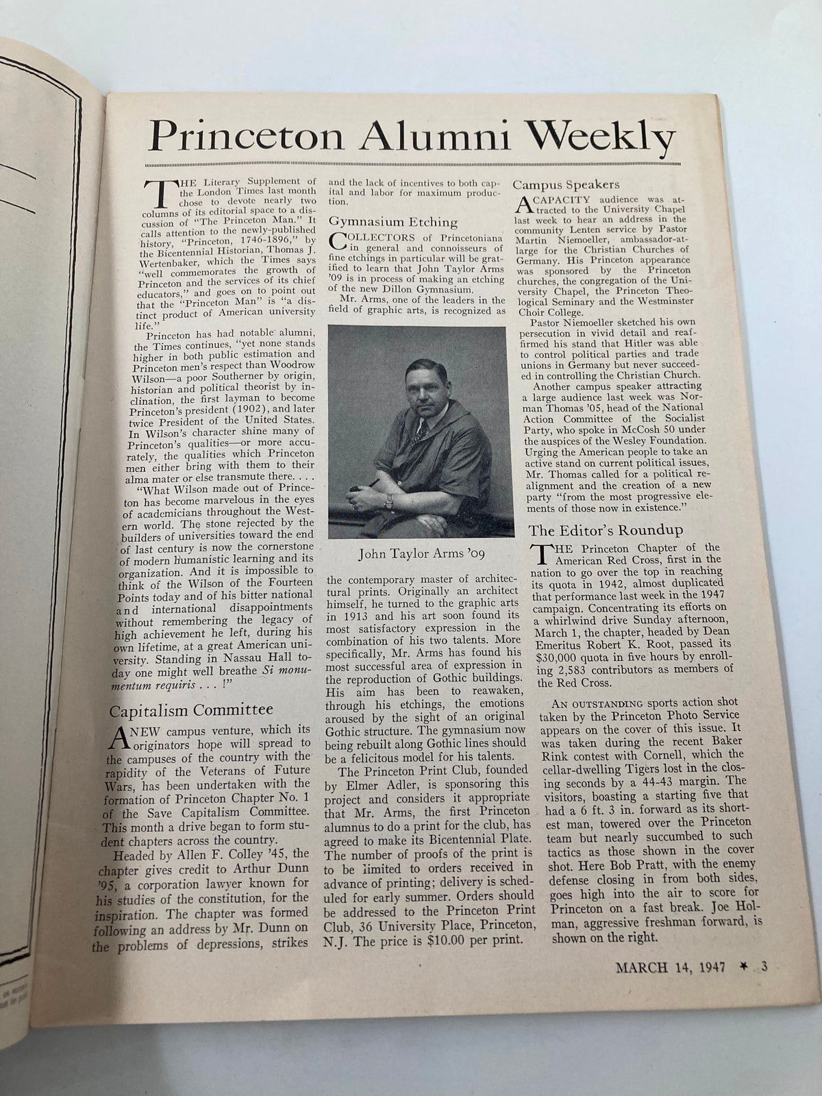 Interior page of VTG Princeton Alumni Weekly March 14 1947 highlighting John Taylor Arms '09, discussing his contributions as an artist and alumni of Princeton.