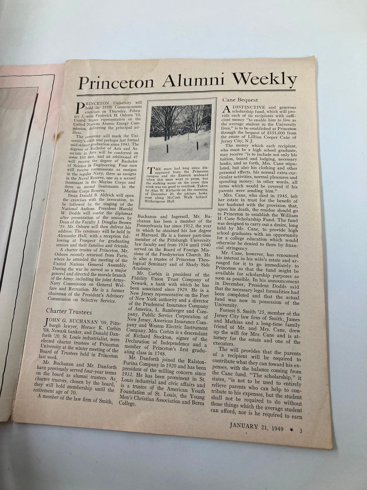 Inside page of VTG Princeton Alumni Weekly January 21 1949 showcasing campus life, with an article about commencement exercises beneath snow-covered trees.