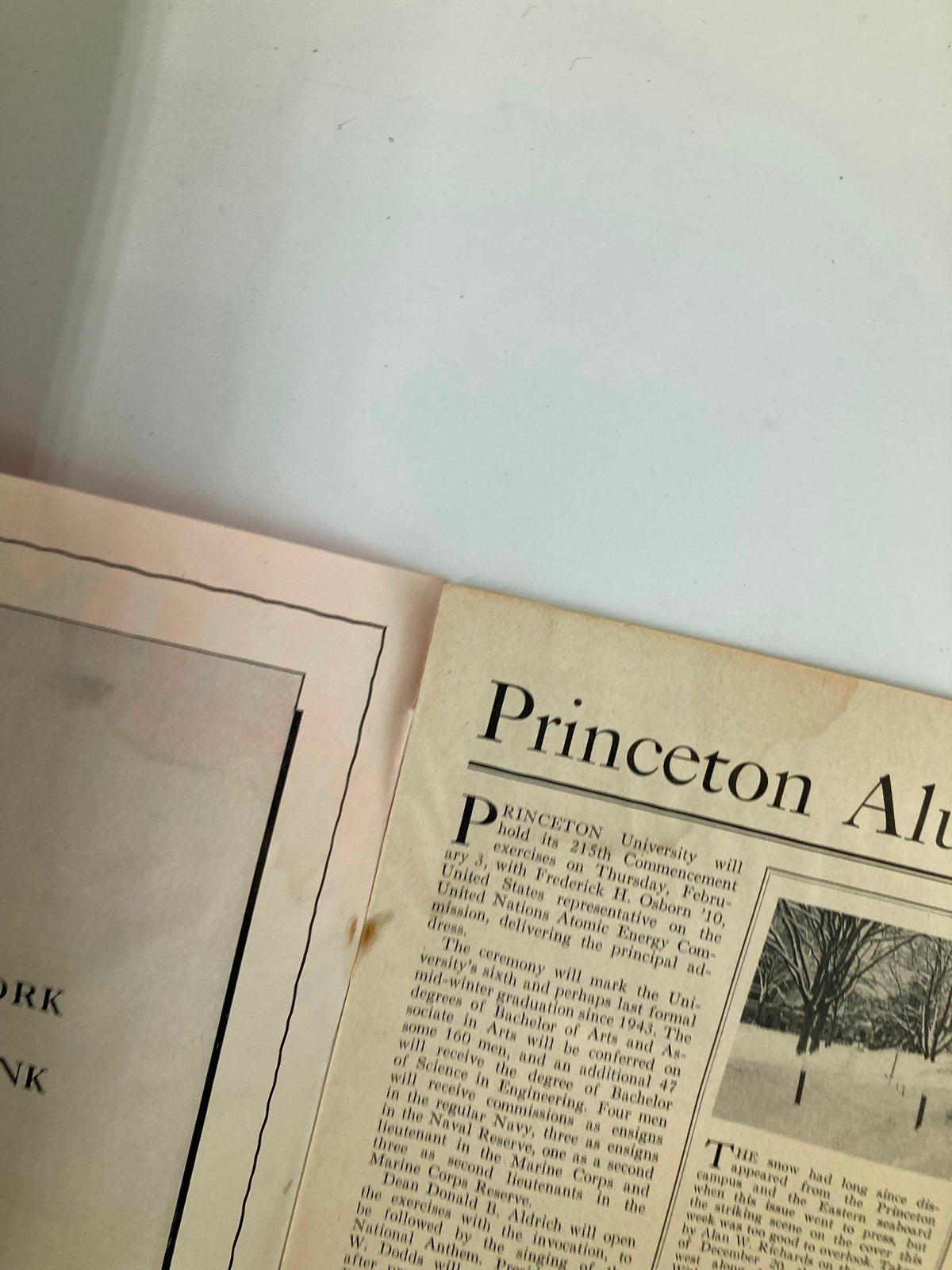 Close-up of the inside page of VTG Princeton Alumni Weekly January 21 1949, featuring text about Princeton University's 215th commencement and its historical significance.
