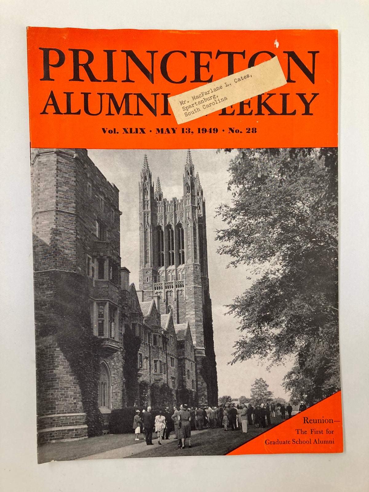 Cover of the VTG Princeton Alumni Weekly May 13 1949 Reunion featuring an iconic Princeton building and a gathering of alumni, celebrating the first reunion of the Graduate School.