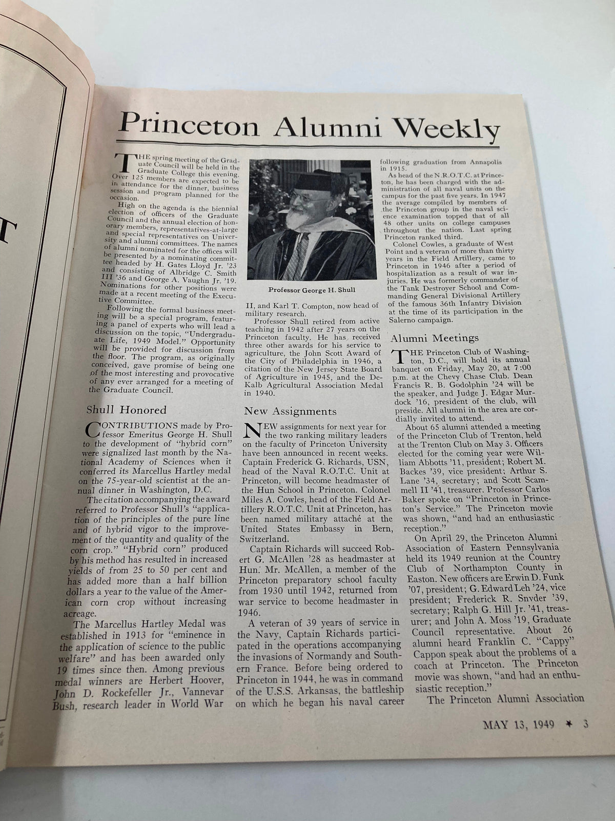 Interior page of the VTG Princeton Alumni Weekly May 13 1949 Reunion, showcasing articles and images relating to alumni events and updates, highlighting Professor George H. Shull.