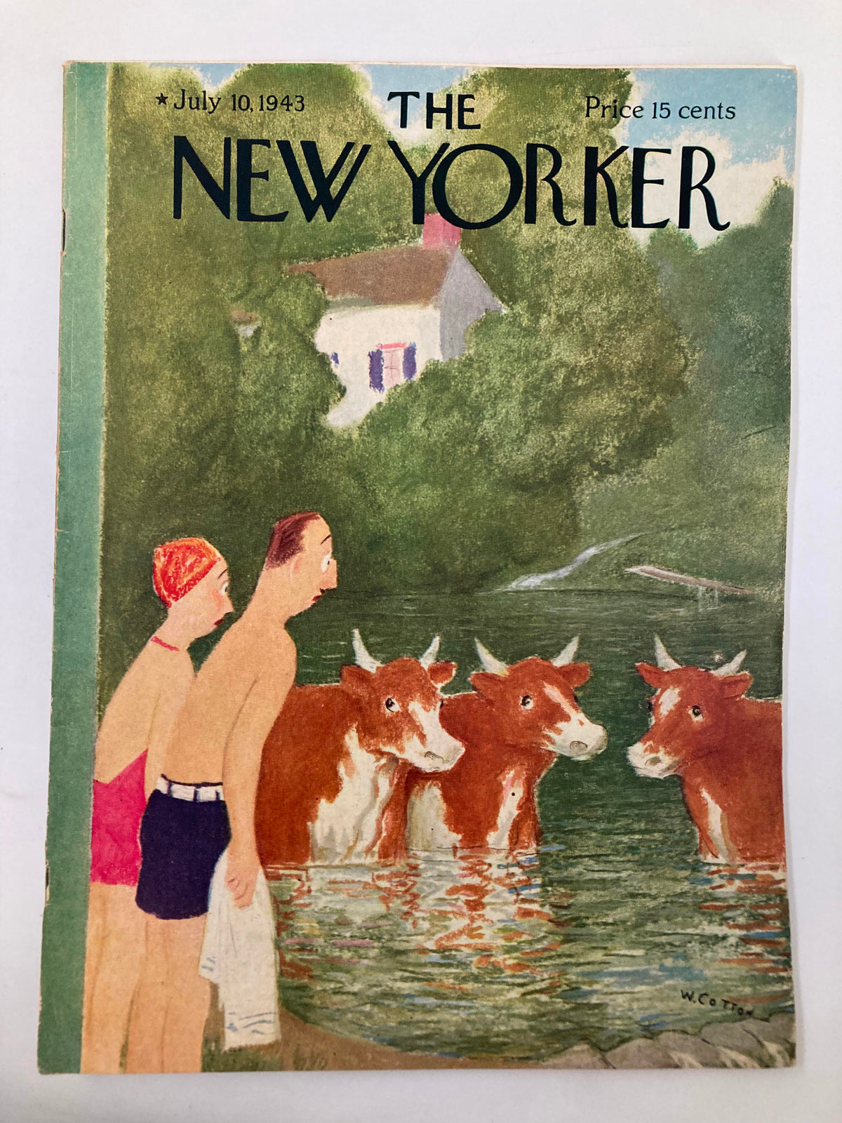 The New Yorker Magazine July 10 1943 cover featuring two bathers and cows in a lake by Will Cotton, showcasing a vibrant summer scene.