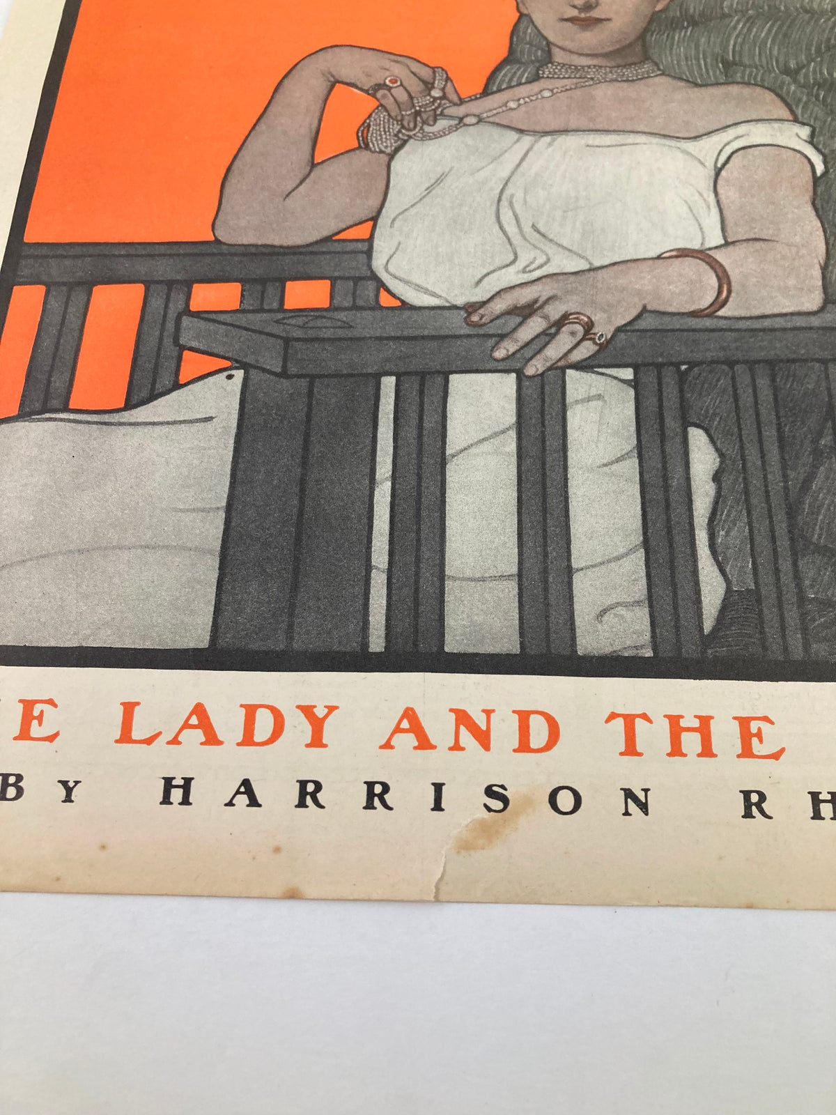 Close-up detail of the cover art from The Saturday Evening Post July 8, 1905, titled 'The Lady and The Ladder,' highlighting intricate designs and vintage aesthetics.