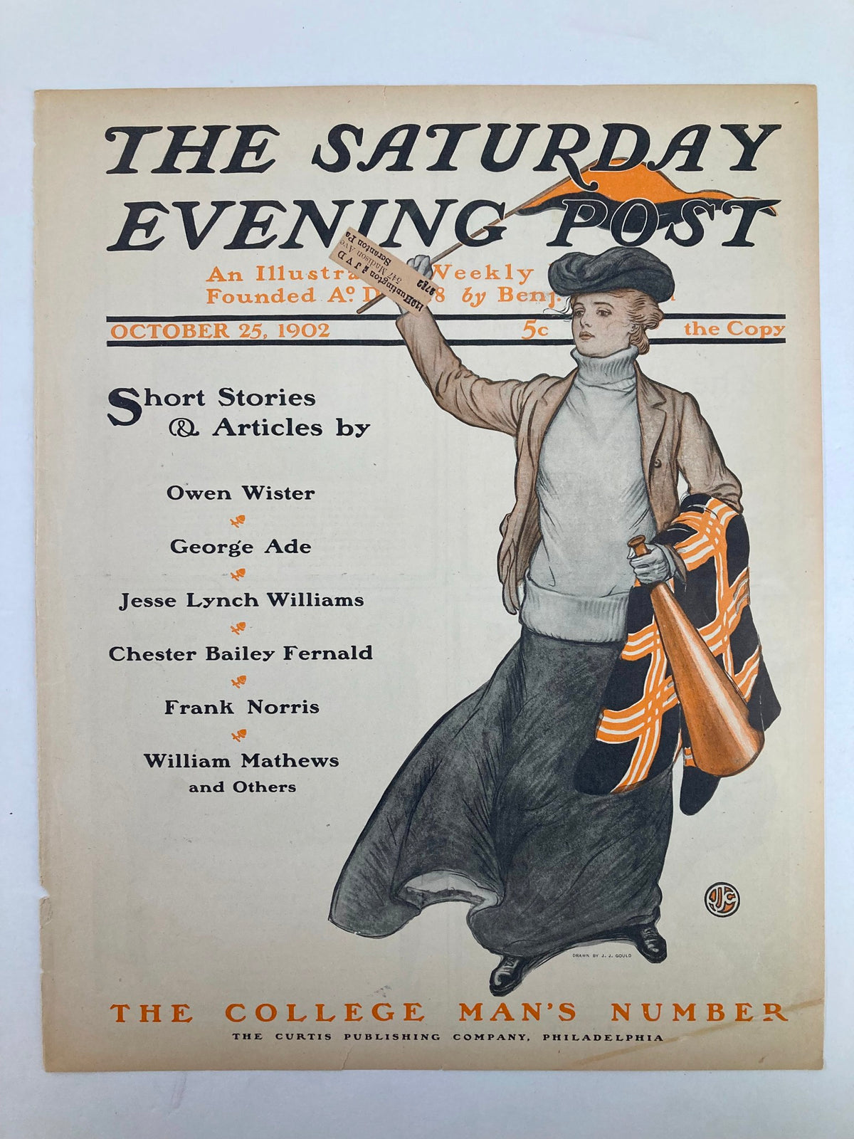 COVER ONLY The Saturday Evening Post October 25, 1902, known as 'The College Man's Number.' The cover illustrates a fashionable woman with a megaphone, surrounded by titles of featured articles, representing the era's emphasis on education and culture.