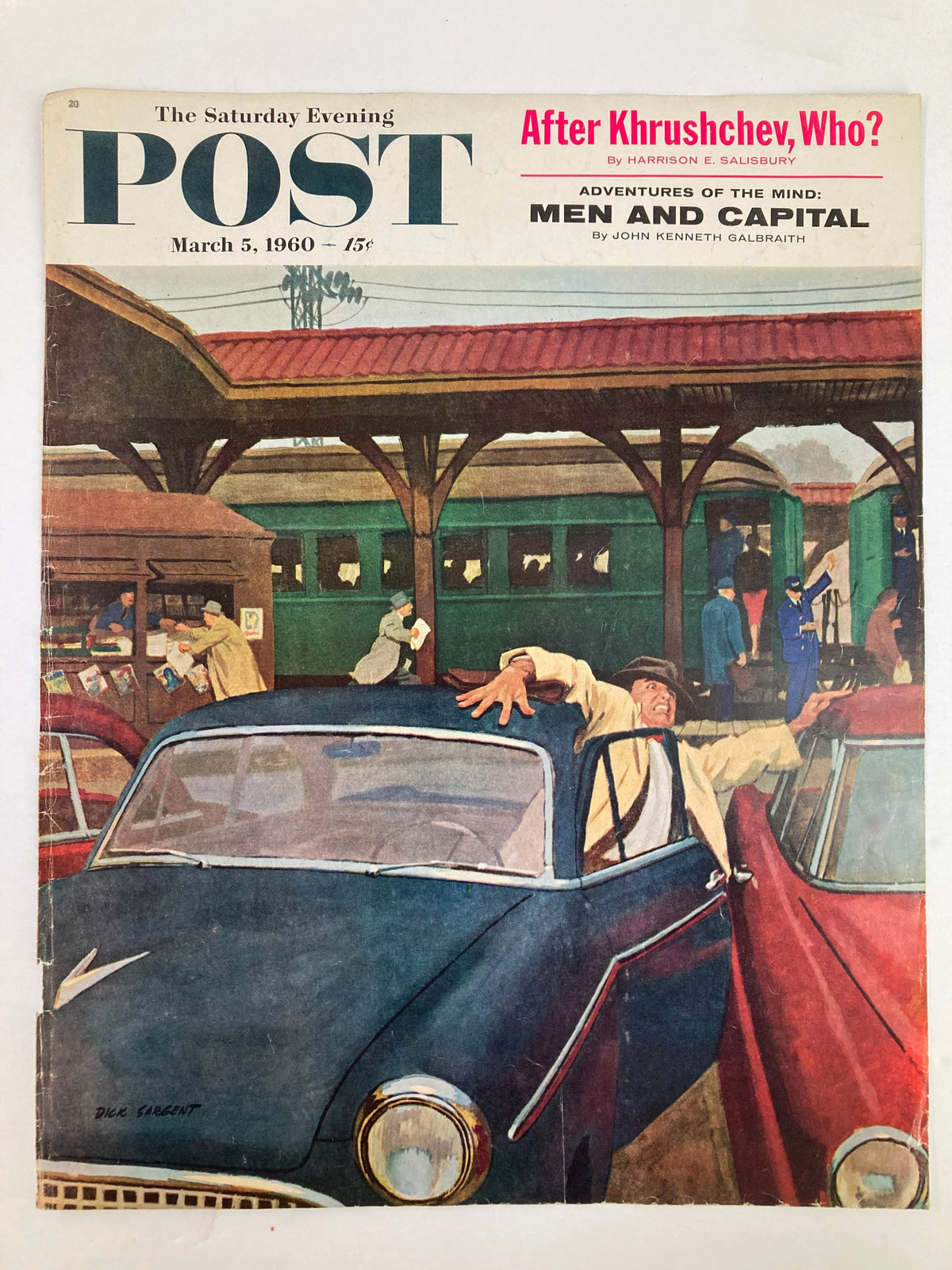 The Saturday Evening Post March 5 1960 cover displaying a dynamic scene with cars and figures at a station, highlighting vintage art and historical significance.