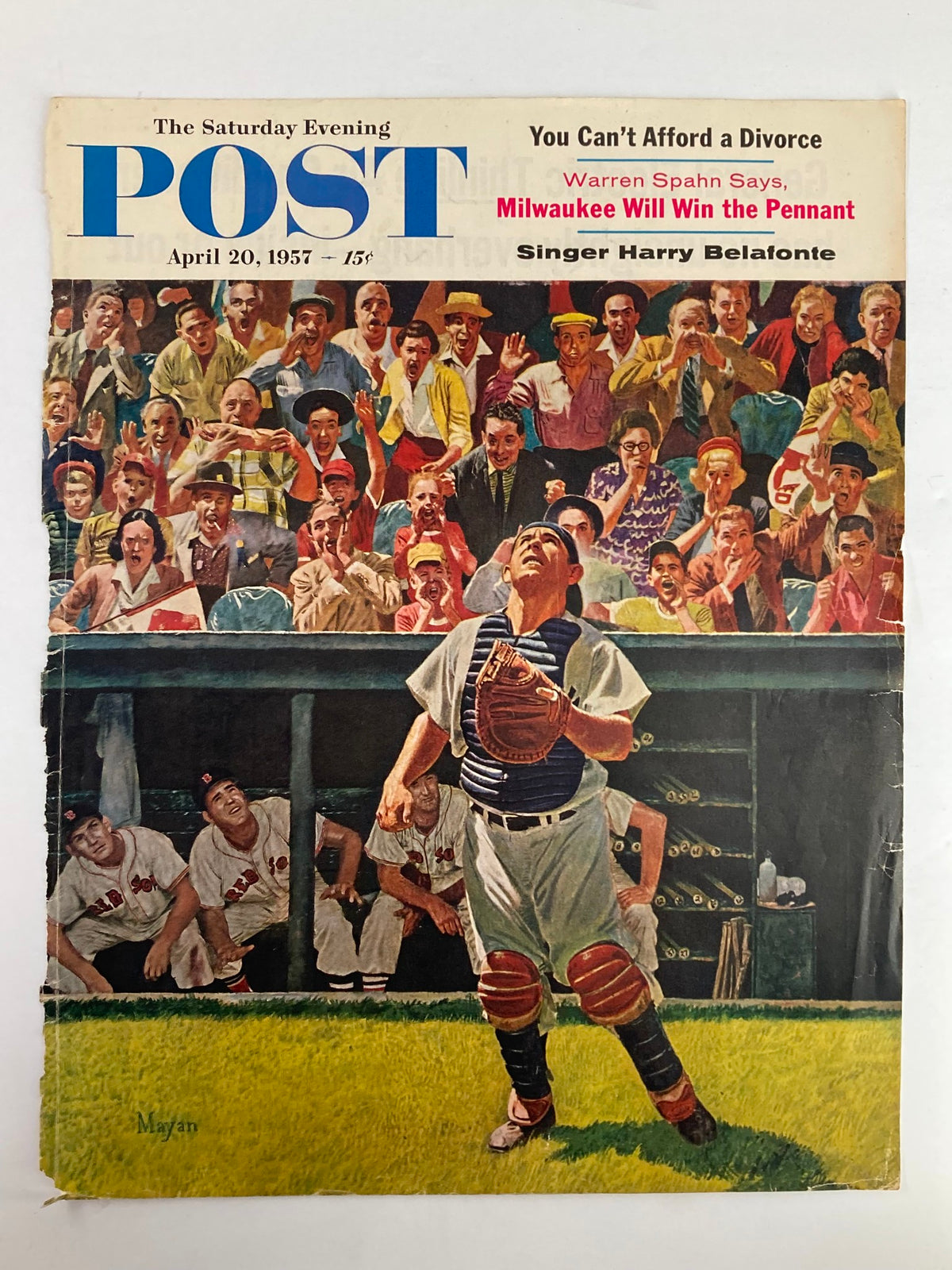 The Saturday Evening Post April 20 1957 Cover showcasing singer Harry Belafonte with enthusiastic fans at a baseball game.