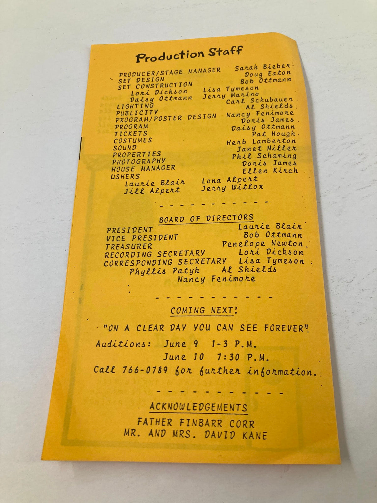 Production staff details from the 1982 Souvenir Program for Angels Fall by Jerry Marino, listing key roles and acknowledgments for the theater performance.