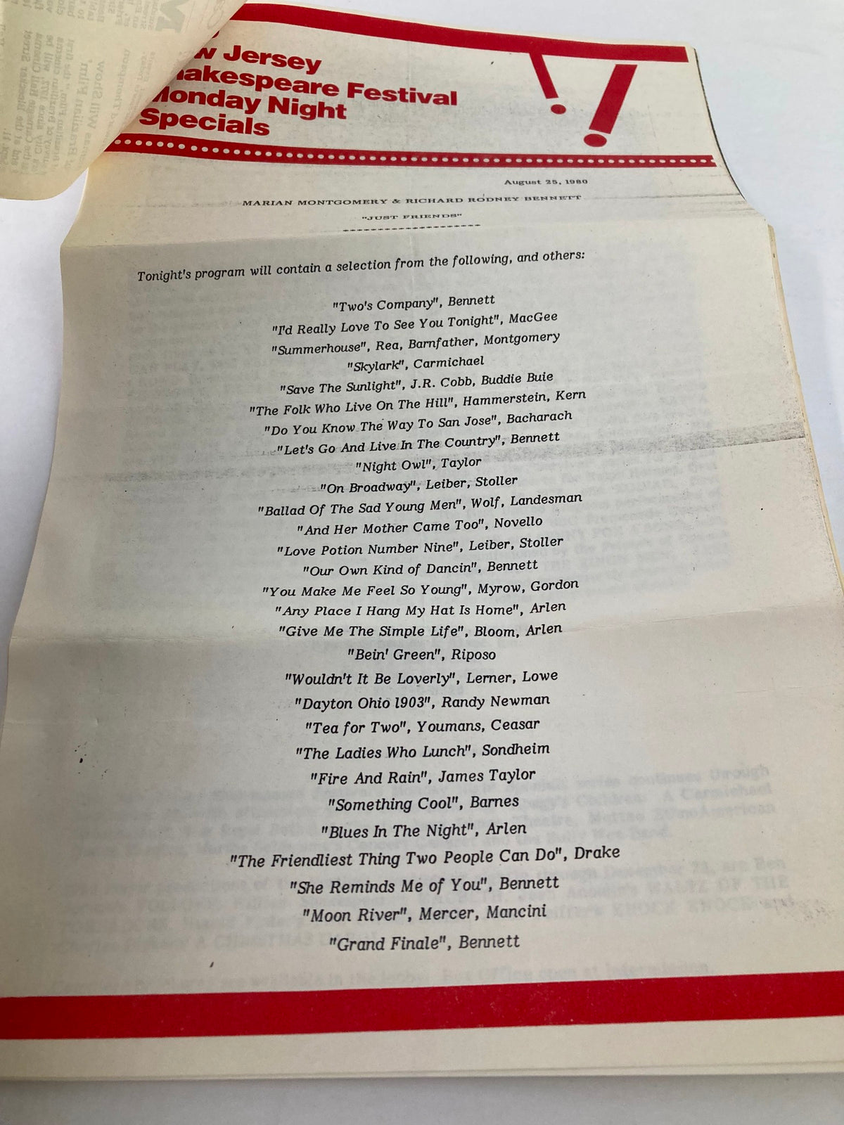1980 Souvenir Program N.J. Shakespeare Festival Cabaret displaying the program page with the musical selections for the performance by Marian Montgomery and Richard Rodney Bennett.