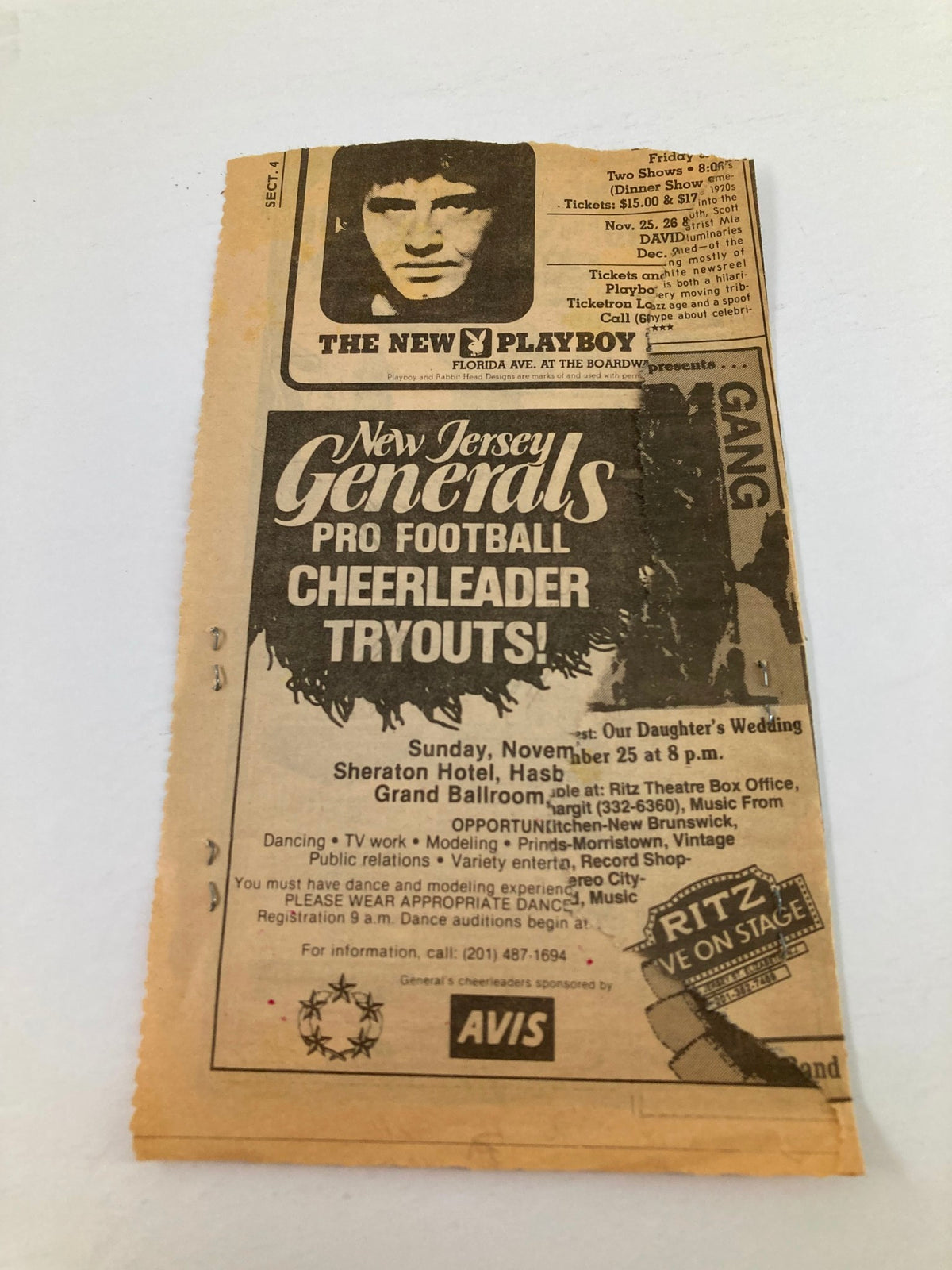Vintage newspaper clipping featuring the 1983 New Jersey Generals Pro Football Cheerleader Tryouts announcement.