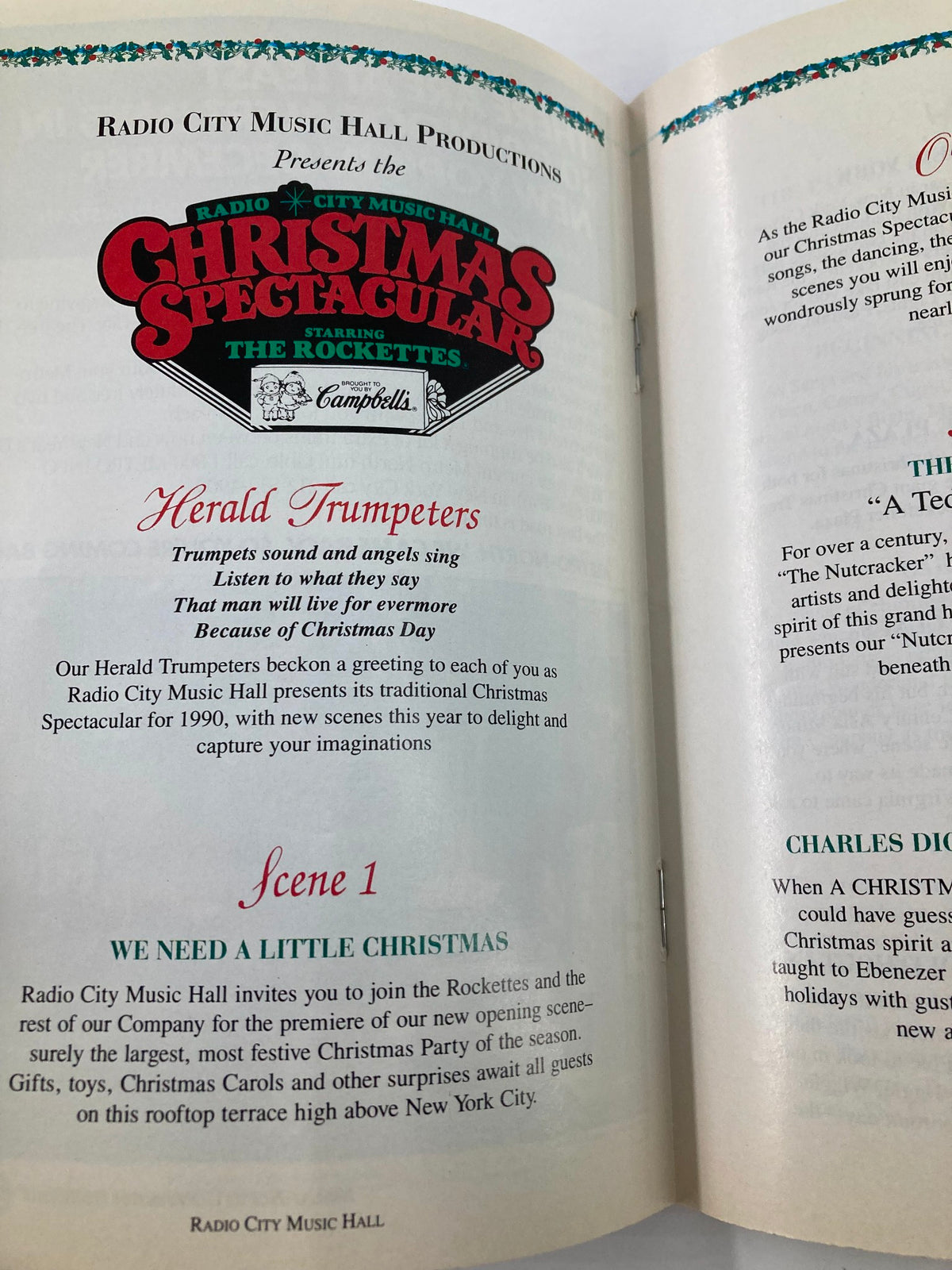 1990 Program Radio City Music Hall The Rockettes in Christmas Spectacular opening pages highlighting the show's featured acts and festive themes.