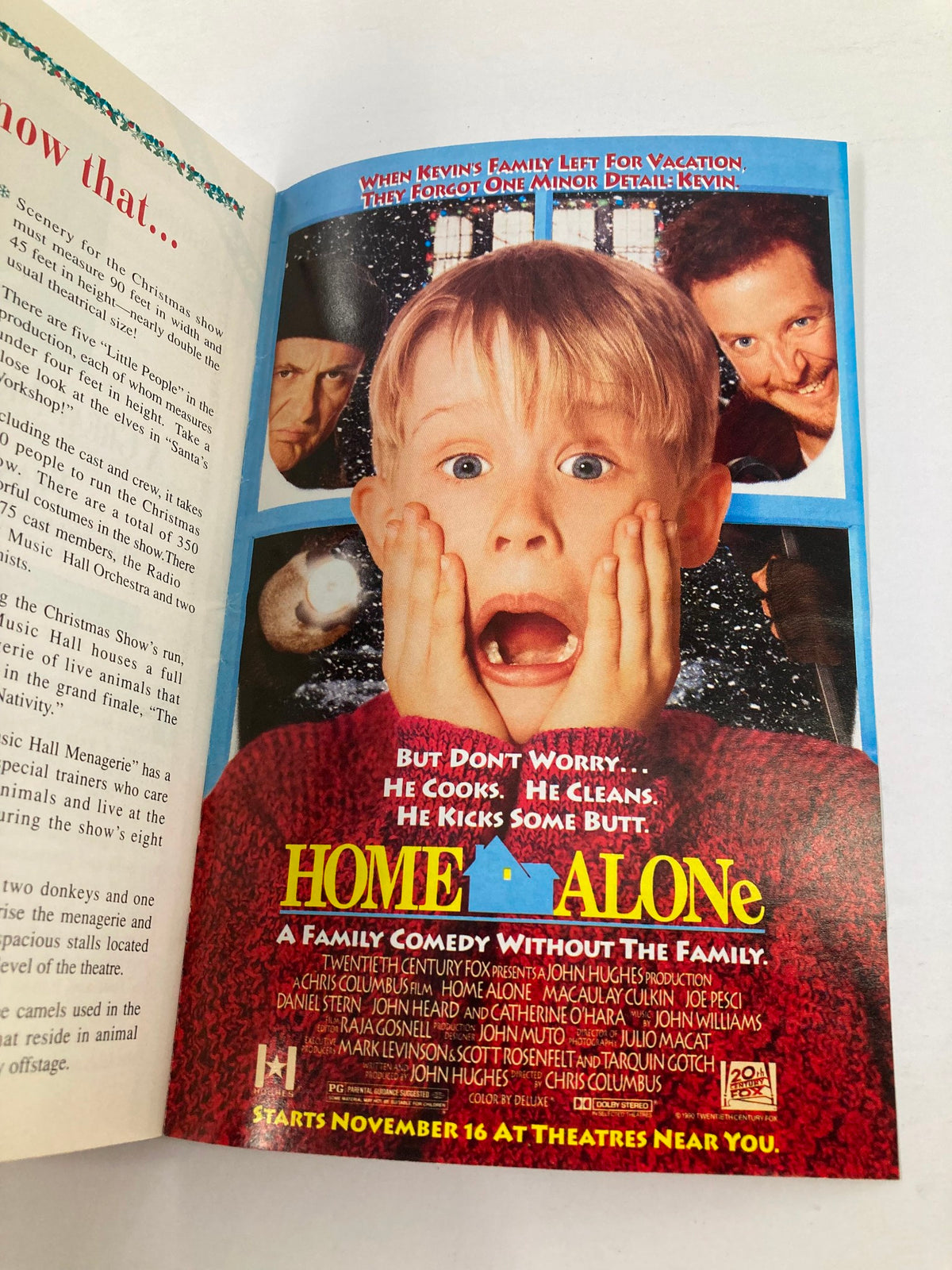 1990 Program Radio City Music Hall The Rockettes in Christmas Spectacular image featuring a scene from the movie Home Alone with a shocked child, showcasing the program's nostalgic connection to holiday classics.