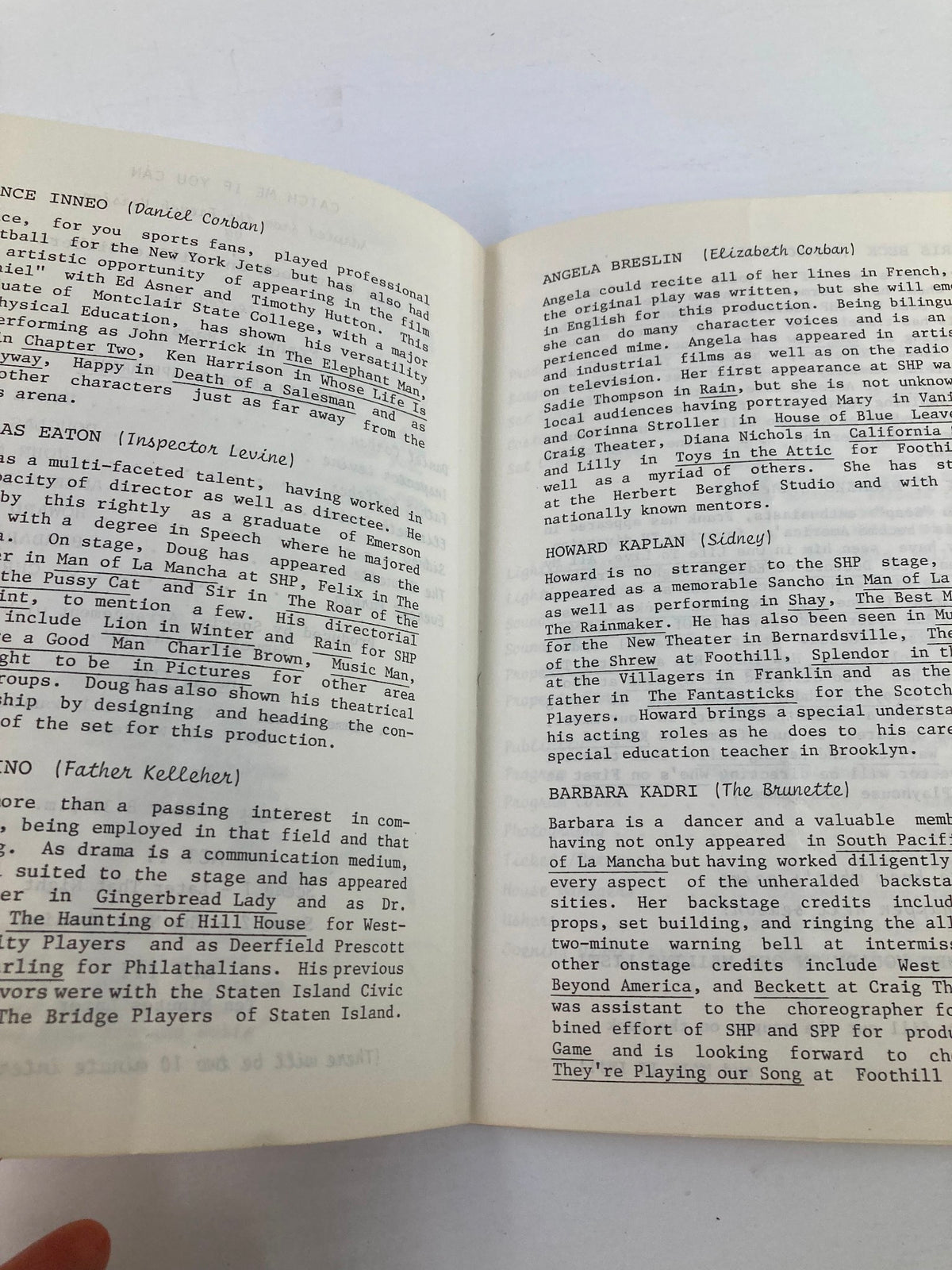 Interior page of the 1984 program presenting 'Catch Me If You Can' by Stony Hill Players, showcasing cast and crew information.