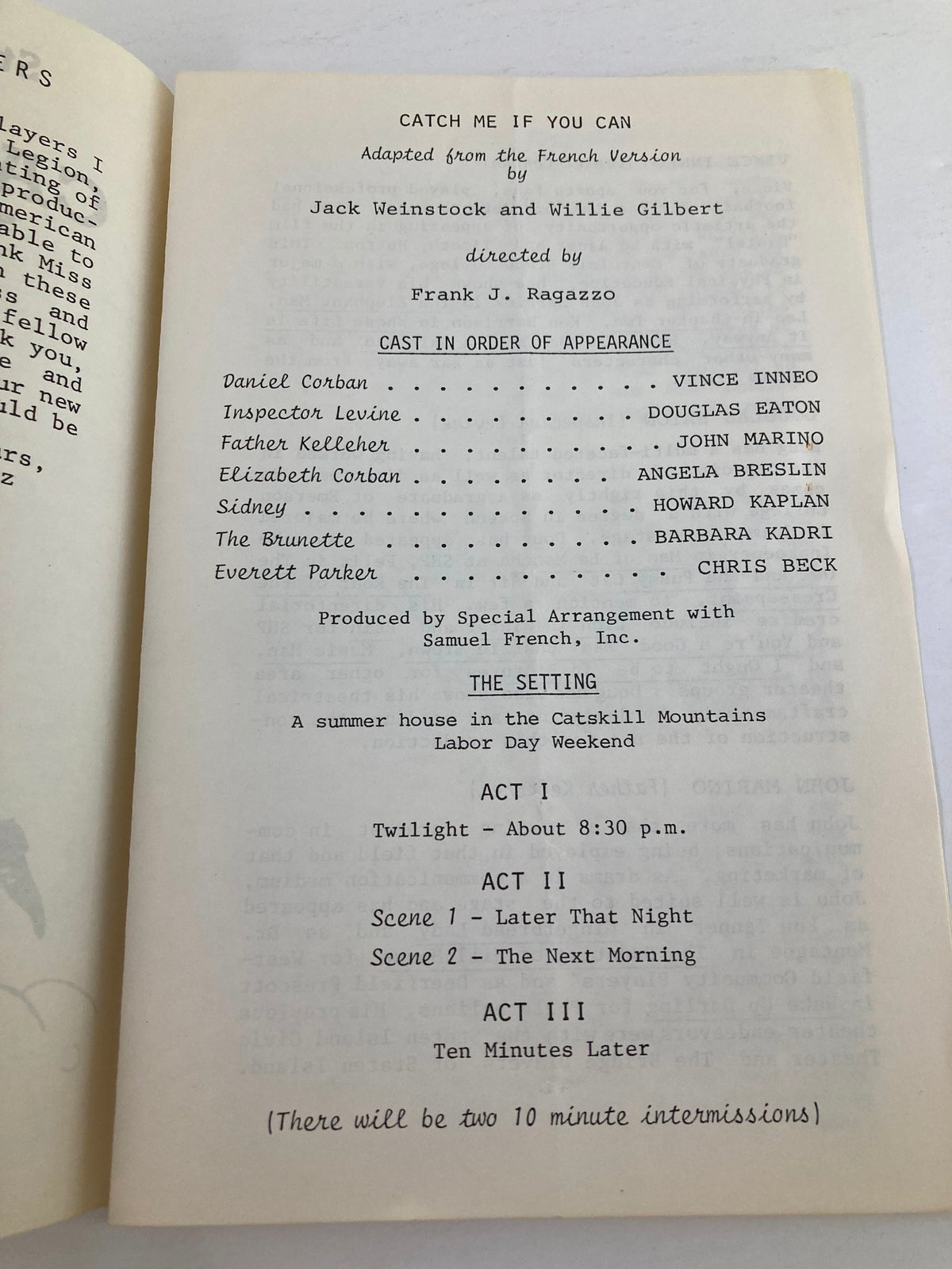 The page from the 1984 Stony Hill Players program for 'Catch Me If You Can', detailing the cast, crew, and acts of the production.