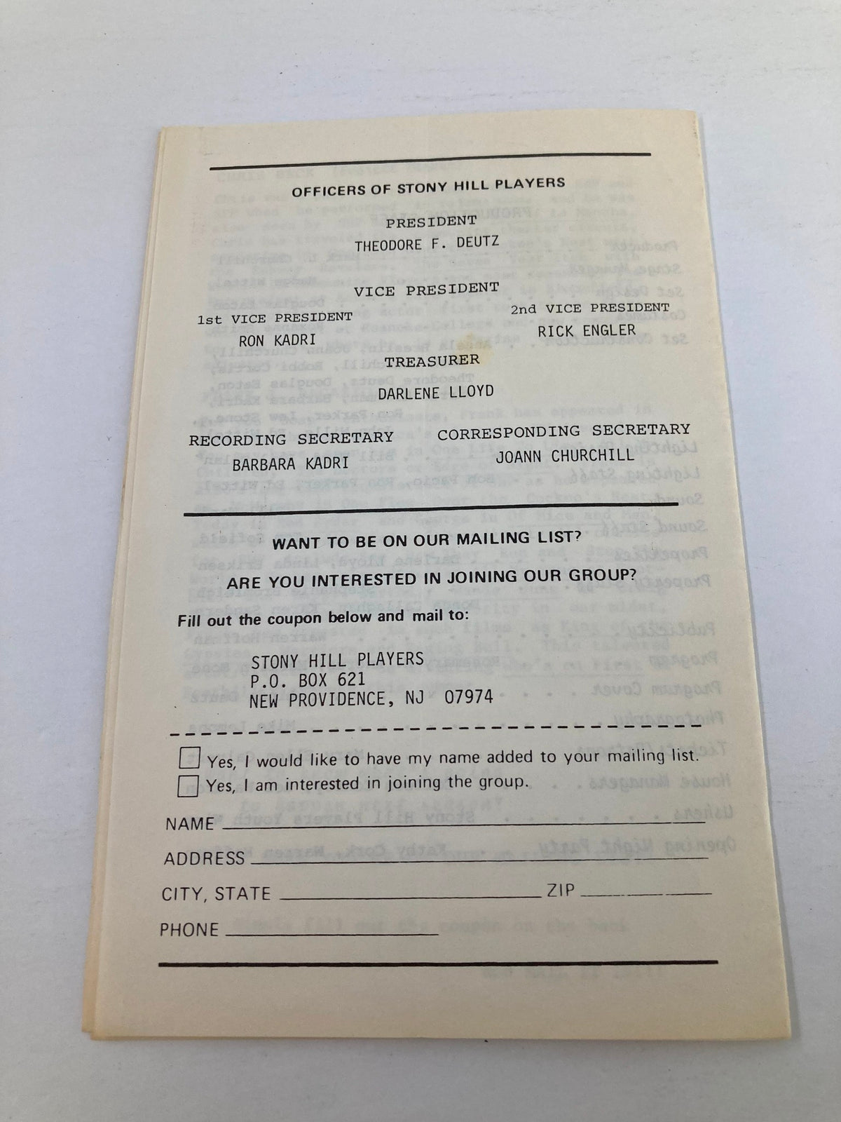 Back cover of the 1984 program from Stony Hill Players featuring membership information and an invitation to join the theater group.