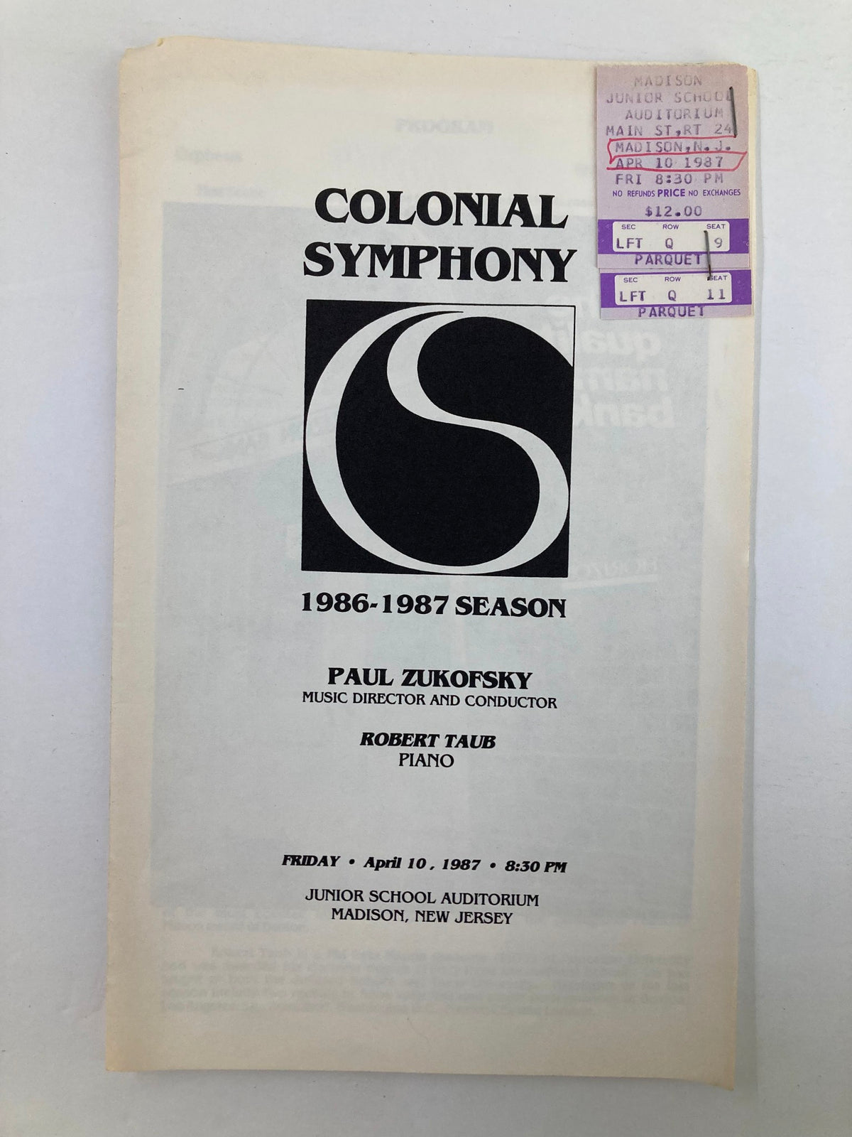 1987 Program for Madison Junior School Auditorium Colonial Symphony featuring Paul Zukofsky, showcasing details of the concert.