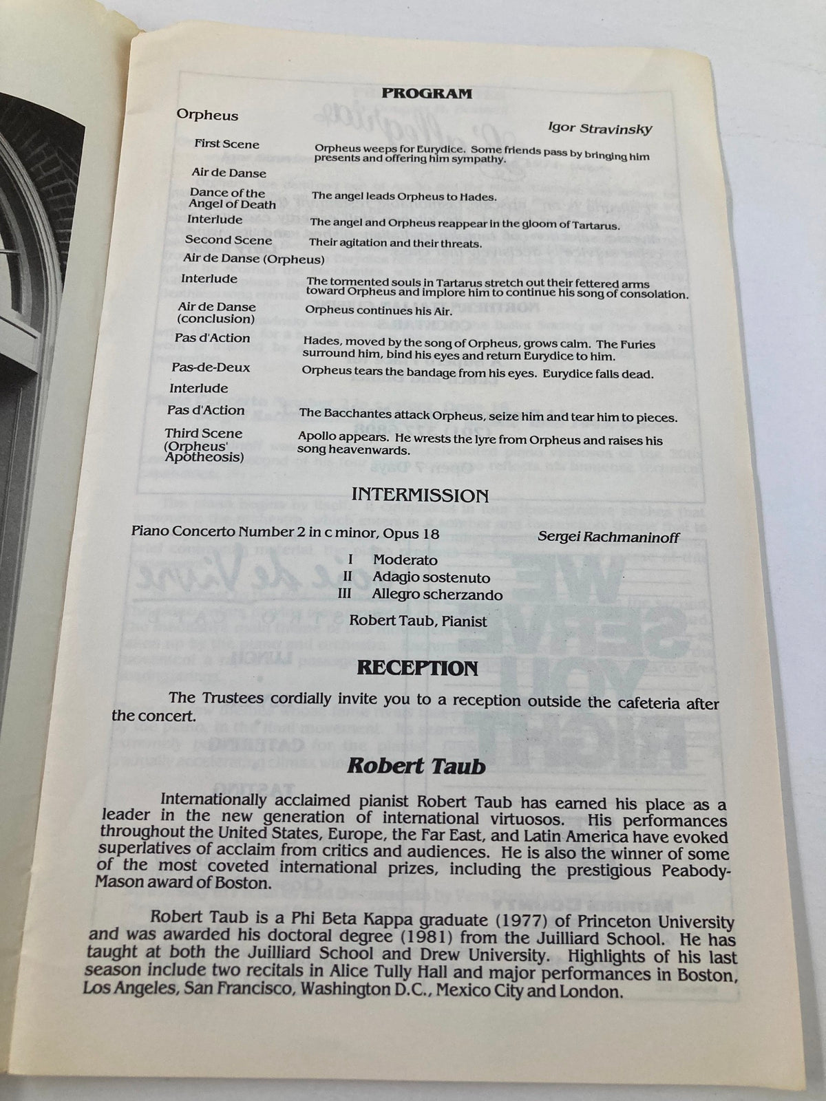 Inside page of the 1987 program for Madison Junior School Auditorium Colonial Symphony, detailing the concert program including Igor Stravinsky's 'Orpheus'.