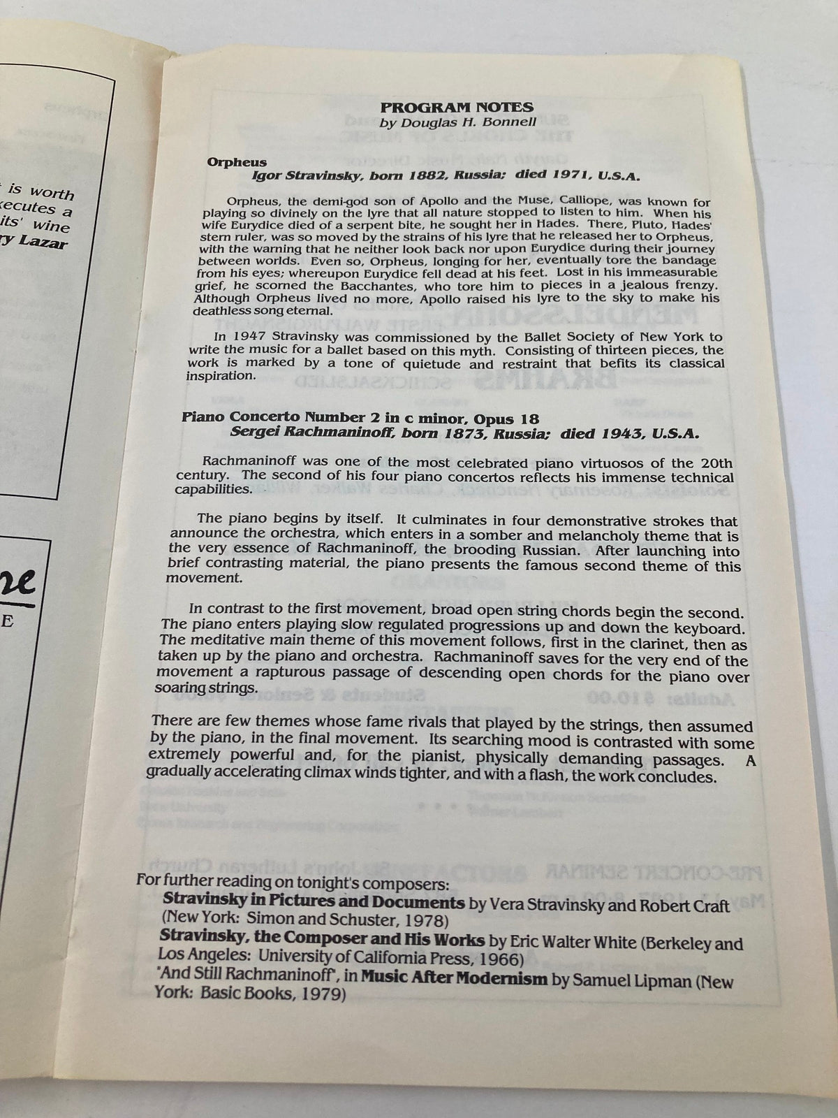 Program notes from the 1987 Colonial Symphony concert, discussing Igor Stravinsky and Sergei Rachmaninoff's works.
