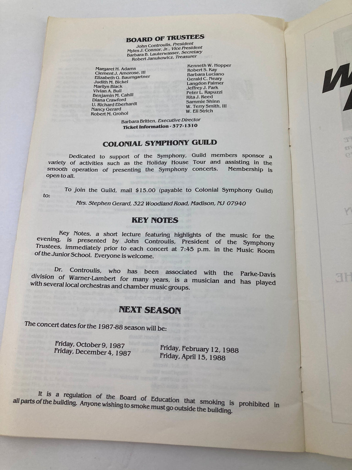 Board of Trustees page from the 1987 Program for Madison Junior School Auditorium Colonial Symphony, outlining membership and upcoming events.