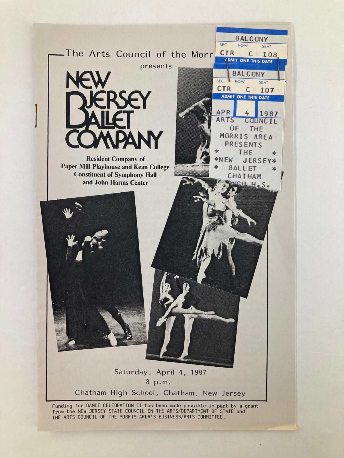 1987 Program for Chatham High School presenting New Jersey Ballet Company, featuring event details and a promotional image for the ballet.