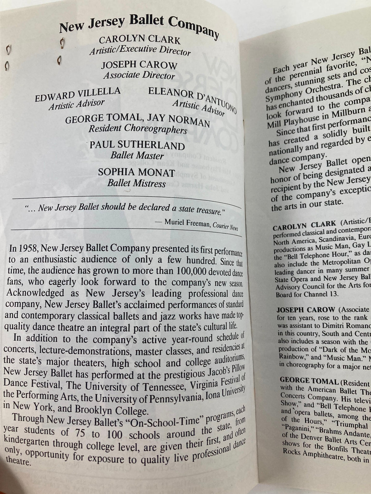 New Jersey Ballet Company 1987 program page showcasing artistic director and company details, featuring notable names and historical context.