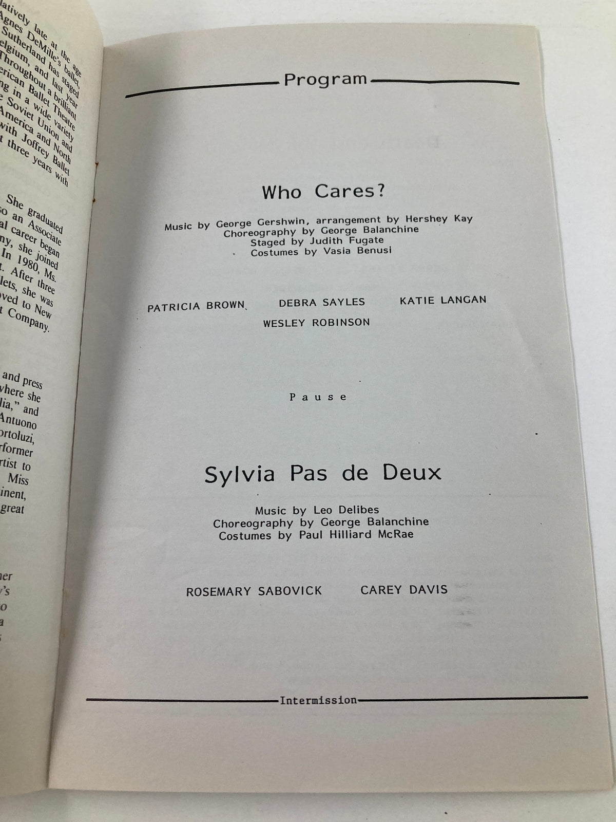 1987 program page for New Jersey Ballet performance, featuring the cast for 'Who Cares?' and 'Sylvia Pas de Deux' with music and choreography details.