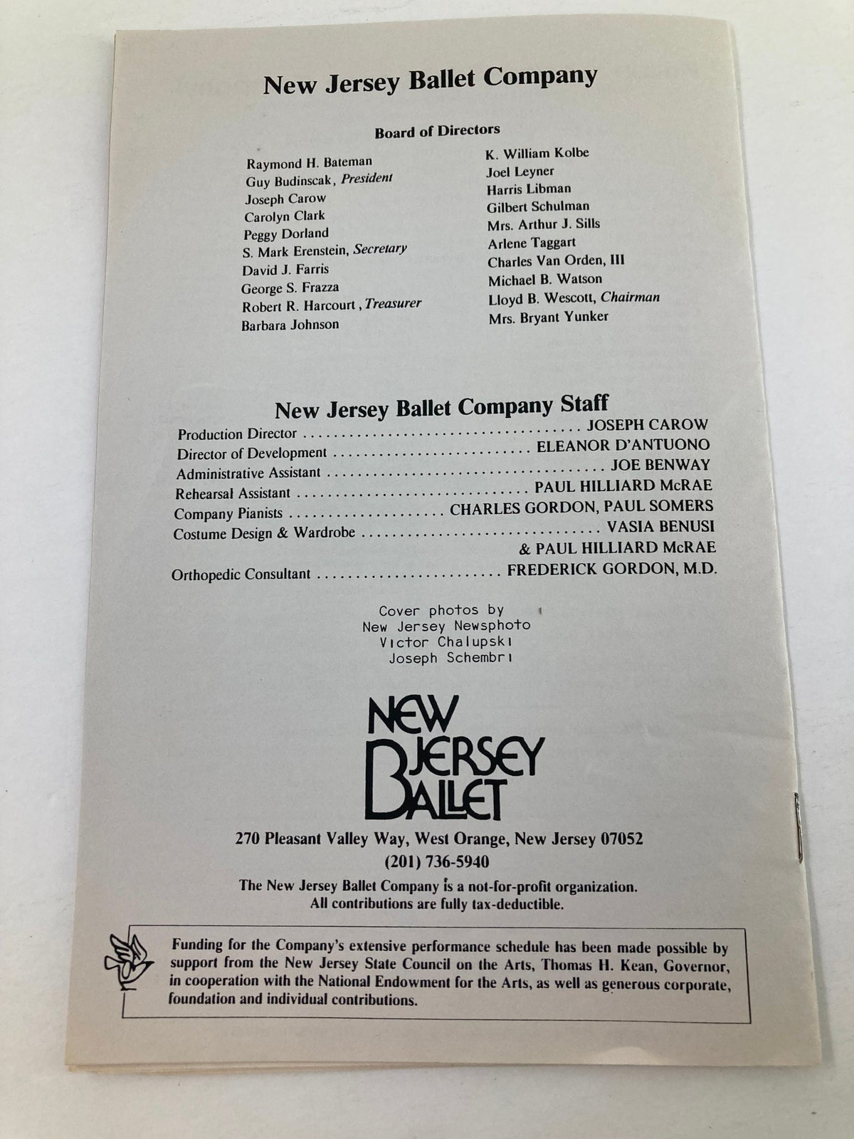 Back cover of the 1987 New Jersey Ballet Company program showing the board of directors and company staff information.