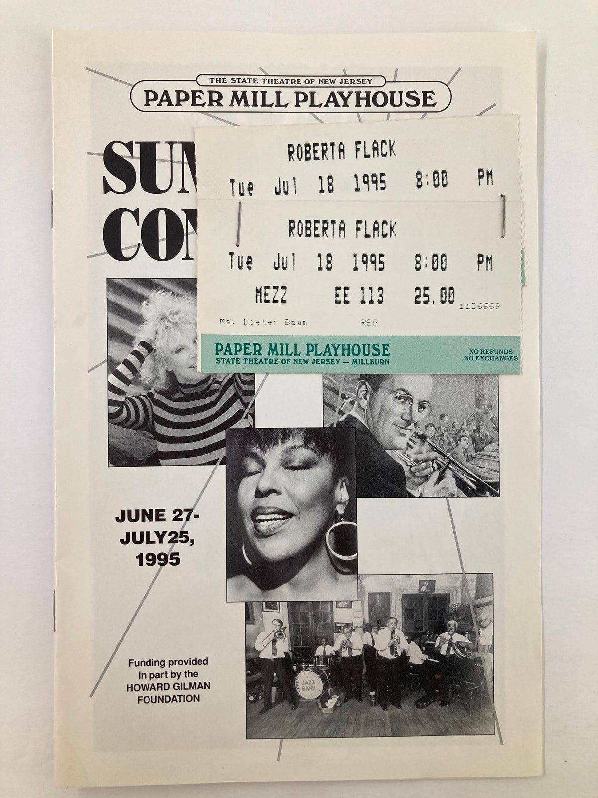 1995 Program for Paper Mill Playhouse featuring Roberta Flack, includes event details with a ticket stub, showcasing an artistic design with images of Roberta Flack and musicians.