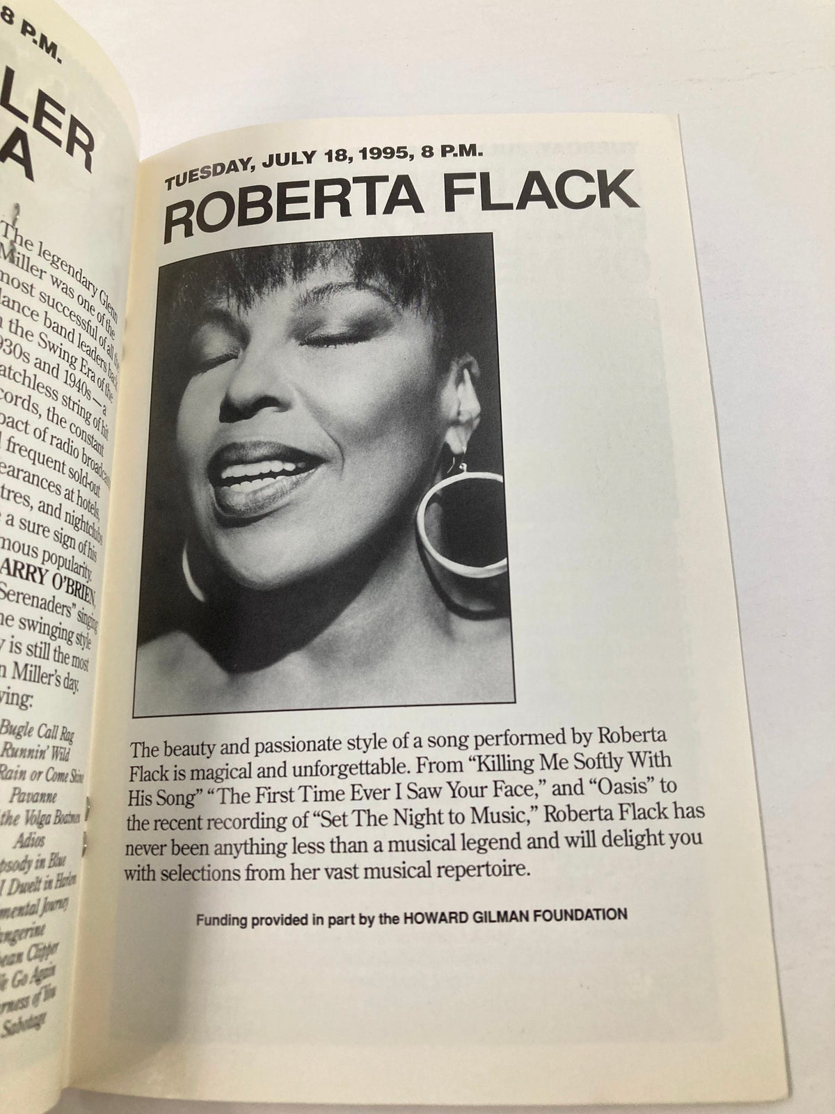 1995 Program Paper Mill Playhouse State Theatre of N.J. Presents Roberta Flack, showcasing a promotional page highlighting Flack's unforgettable musical performances.
