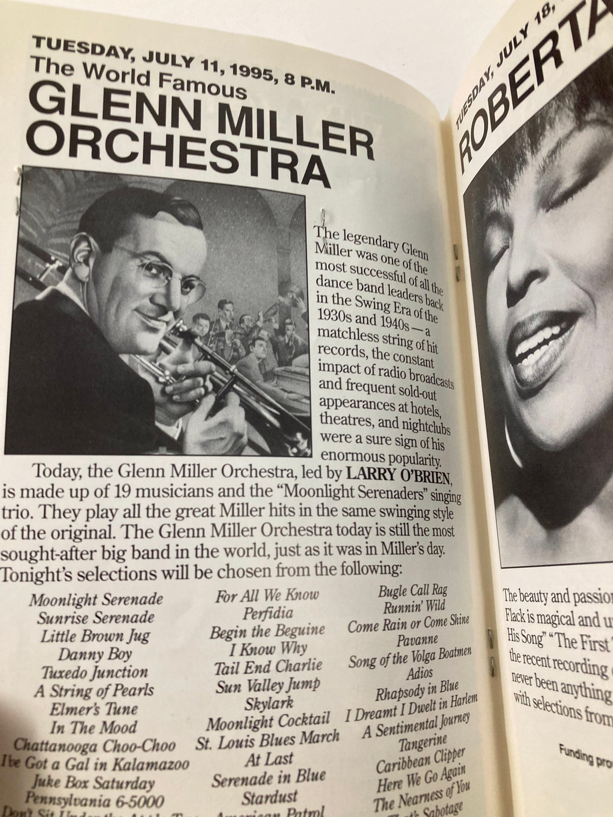 1995 Program Paper Mill Playhouse State Theatre of N.J. Presents Roberta Flack, including a feature about the Glenn Miller Orchestra and their historical significance.