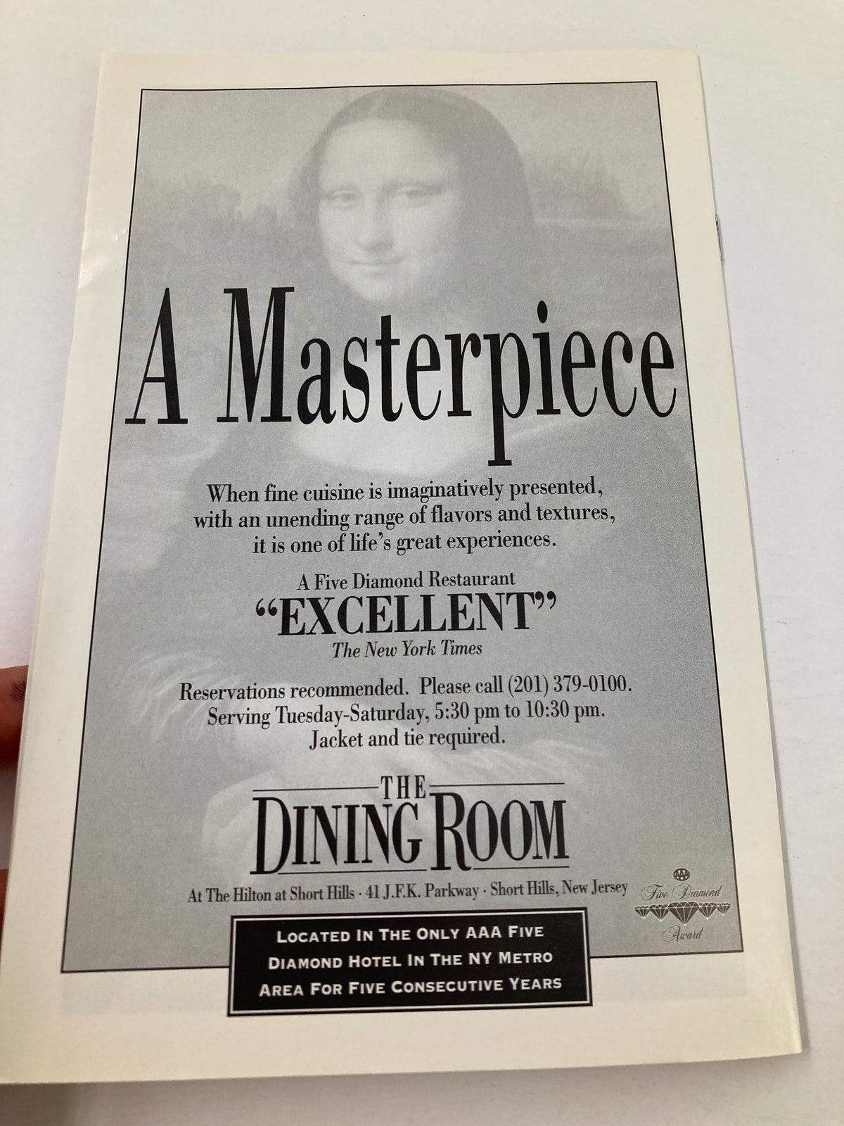 1995 Program Paper Mill Playhouse State Theatre of N.J. Presents Roberta Flack, displaying a dining room menu from The Dining Room restaurant in New Jersey.