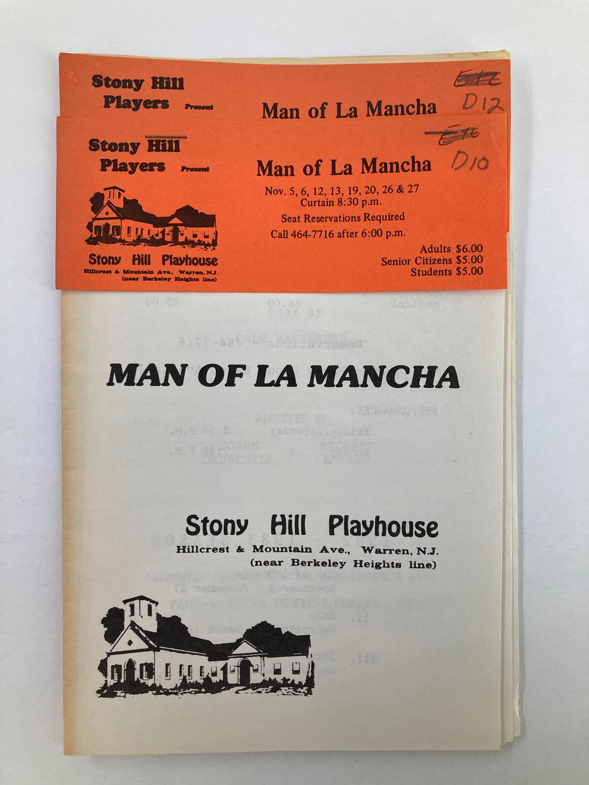 1965 Program from Stony Hill Playhouse presenting Man of La Mancha with an orange ticket attached.