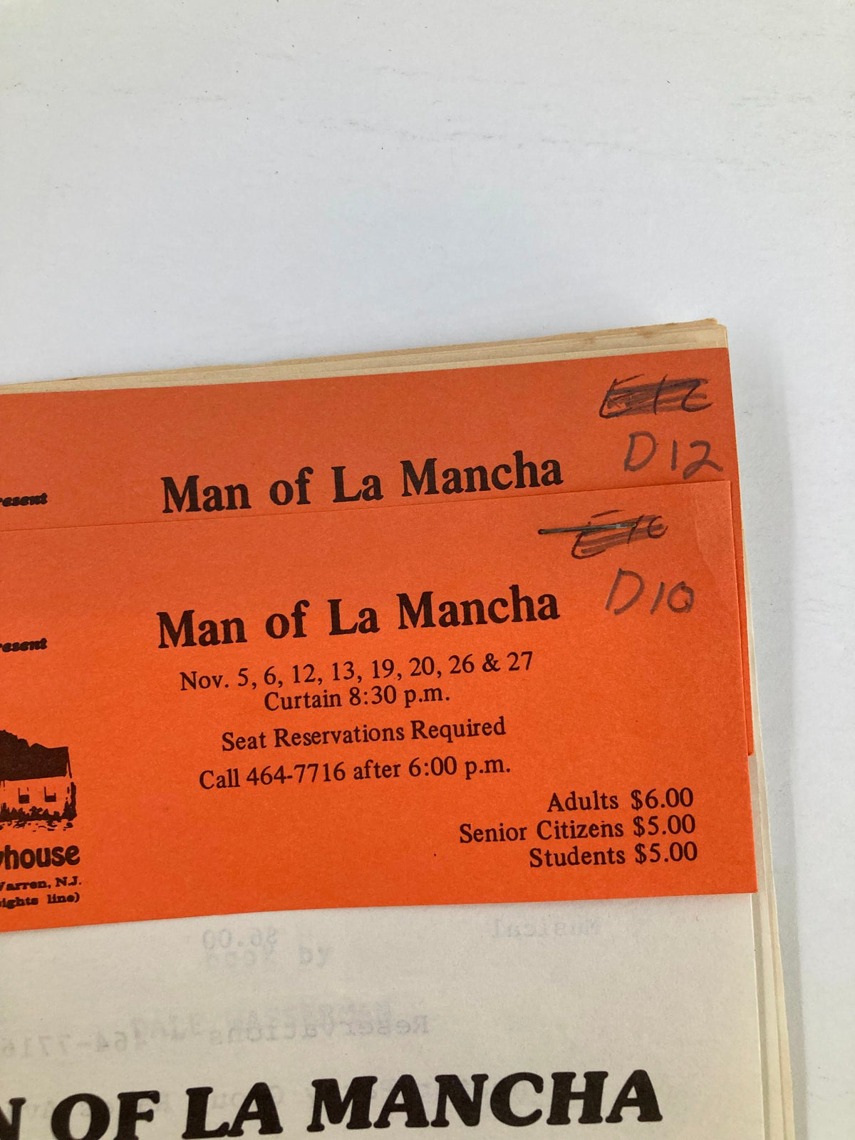 Close-up of the 1965 Program Stony Hill Playhouse for Man of La Mancha, showcasing ticket reservation details.