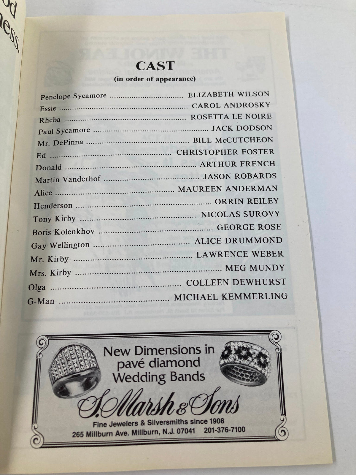 Cast list for the 1983 Paper Mill Playhouse show You Can't Take It With You, showcasing performers and roles.