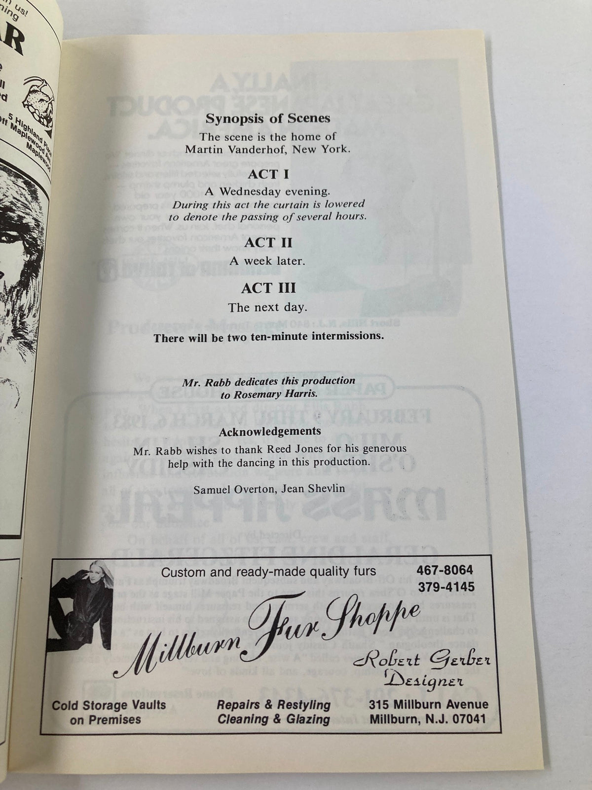 Synopsis of scenes for the 1983 Paper Mill Playhouse production of You Can't Take It With You, outlining the acts and intermission details.