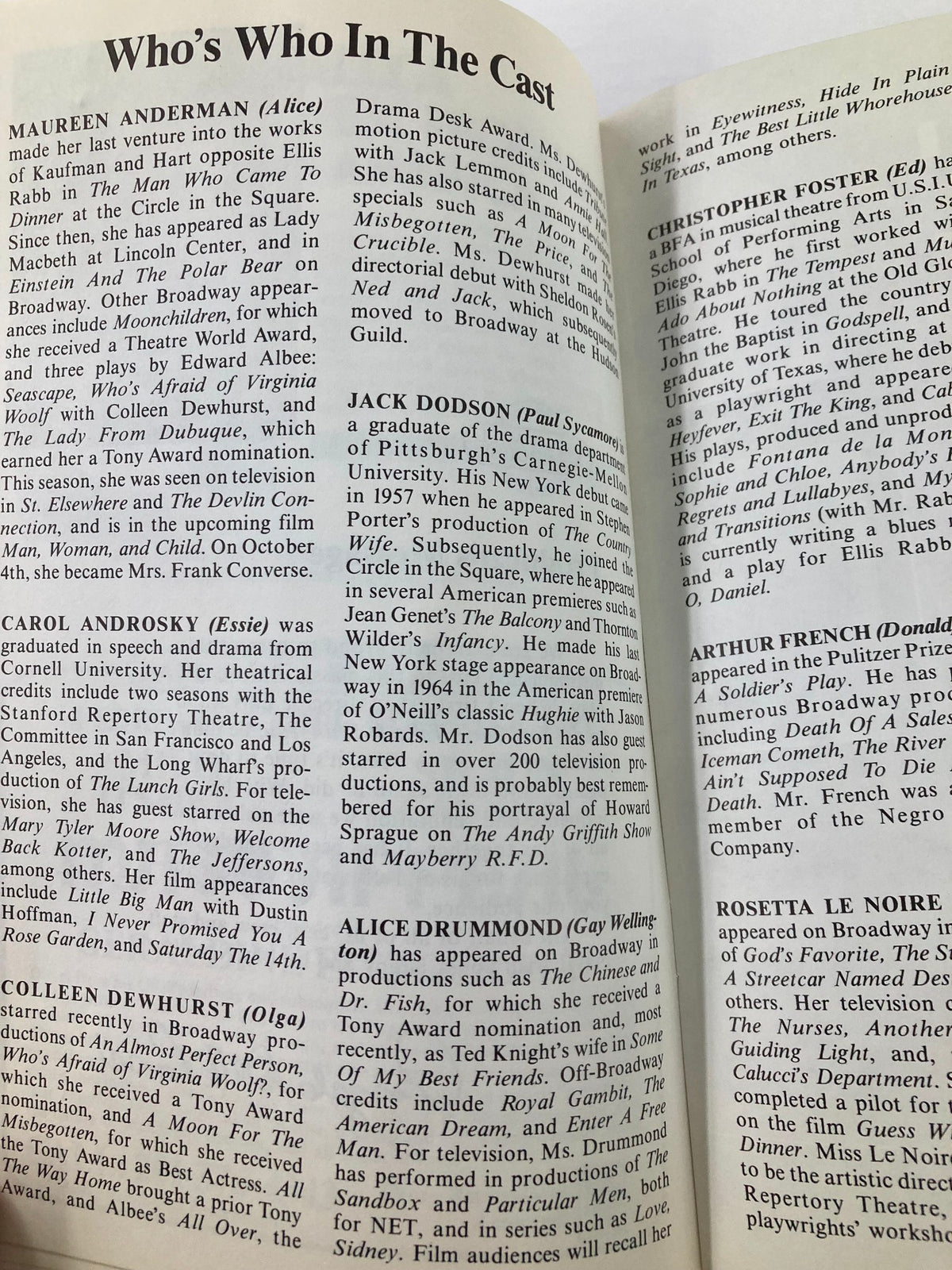 Profile section from the program of You Can't Take It With You produced by the Paper Mill Playhouse in 1983, featuring cast member biographies.